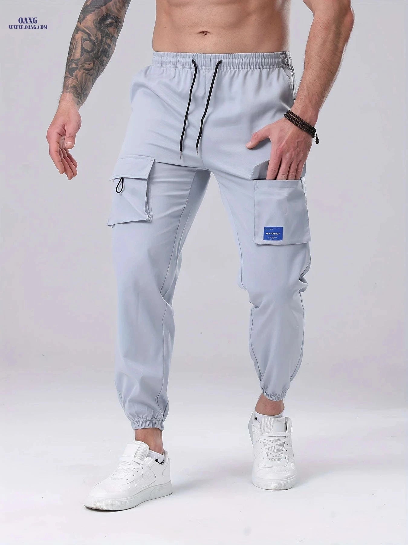 Men's Casual Cargo Pants - Drawstring, Mid-Waist, Multiple Pockets   OAXG Grey / FR S