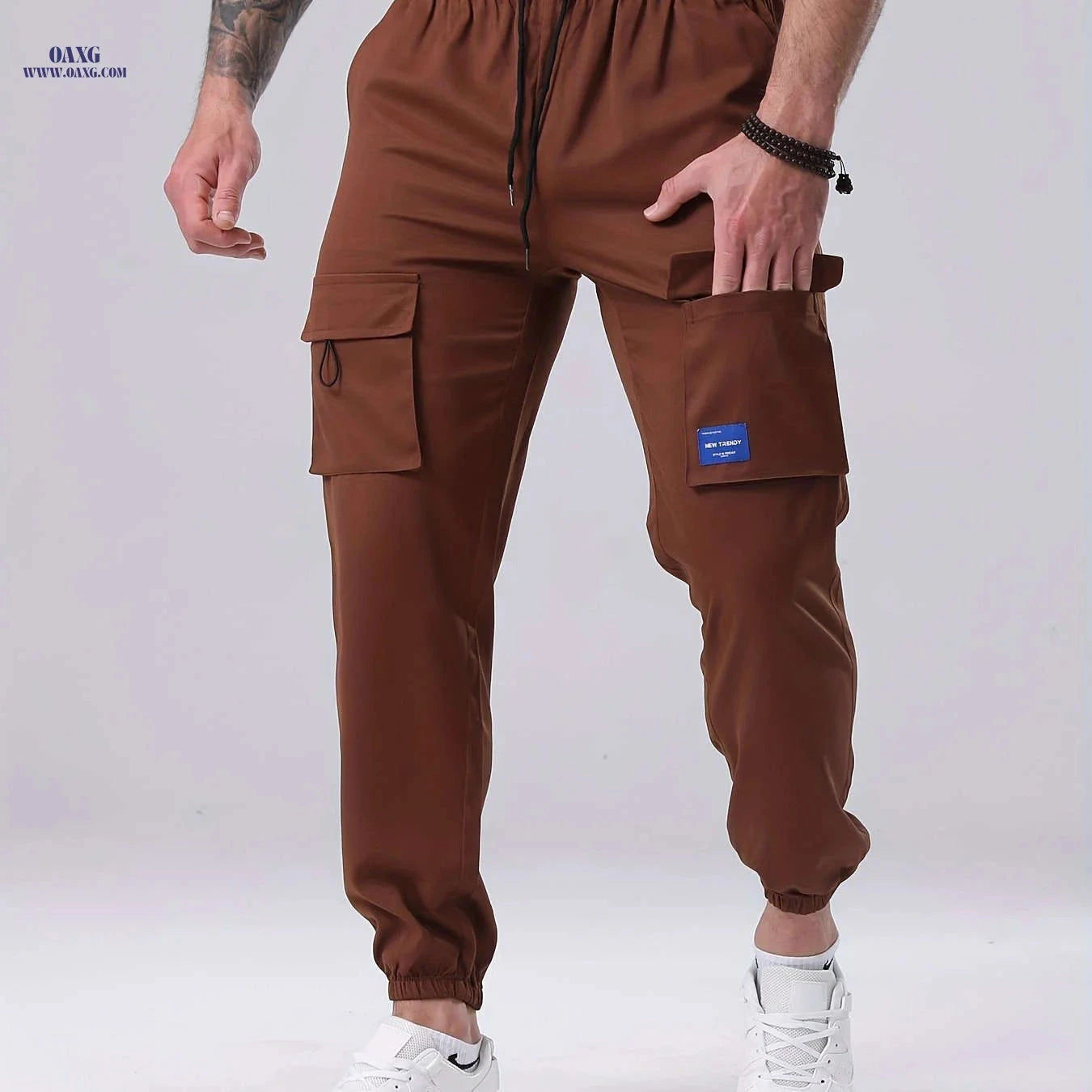 Men's Casual Cargo Pants - Drawstring, Mid-Waist, Multiple Pockets   OAXG 