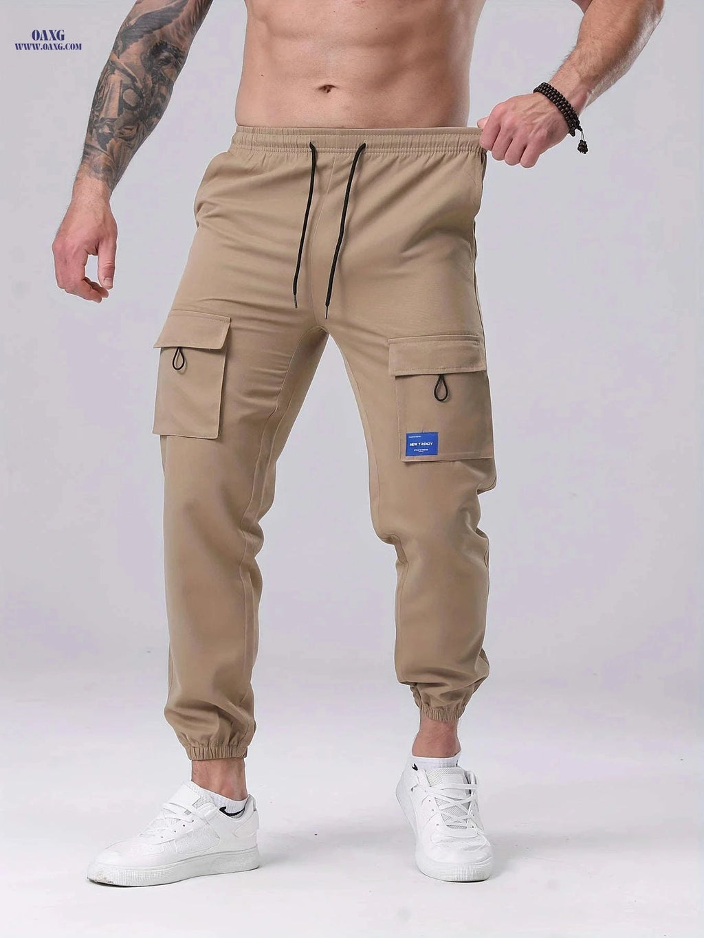 Men's Casual Cargo Pants - Drawstring, Mid-Waist, Multiple Pockets   OAXG 