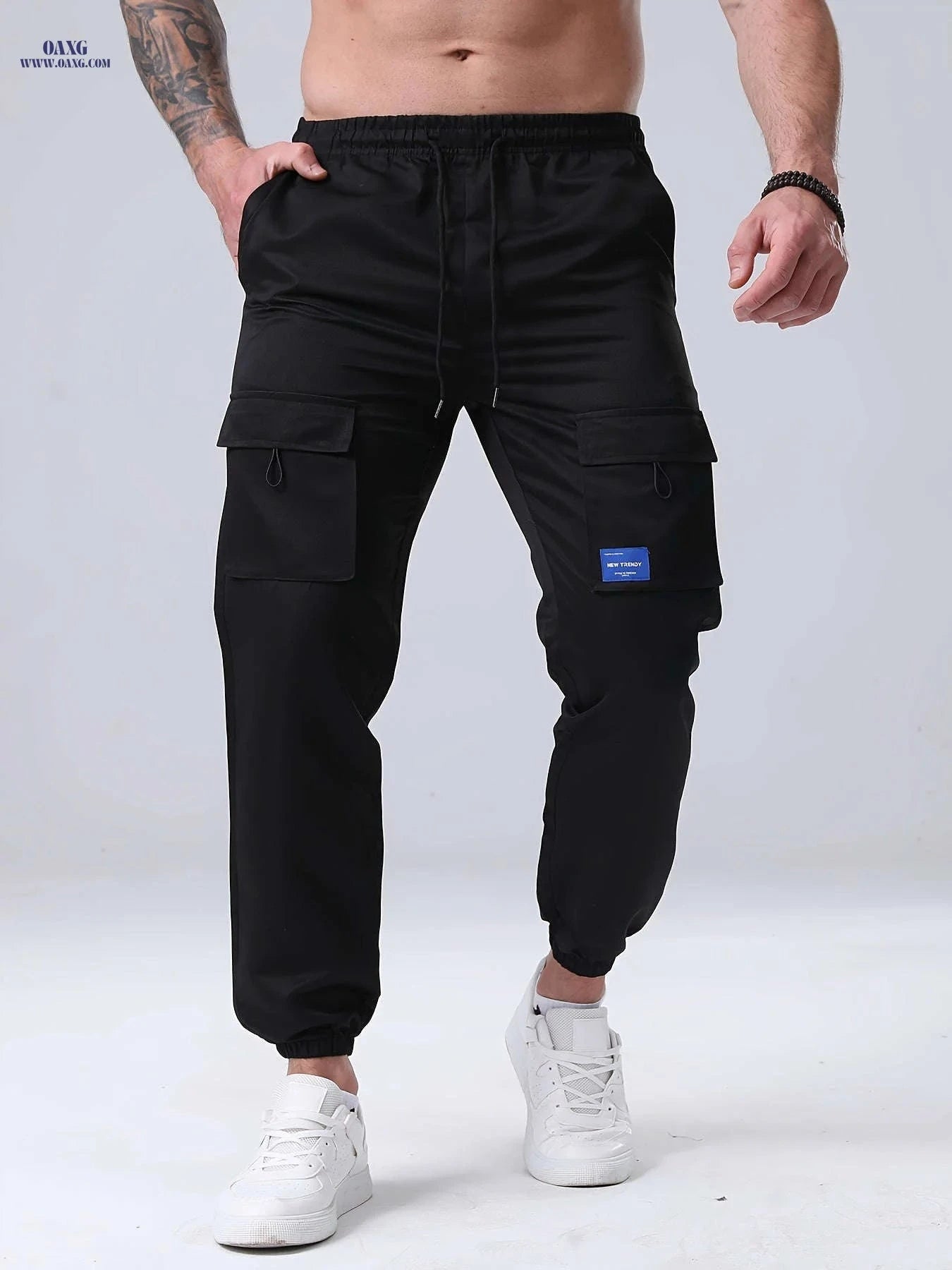 Men's Casual Cargo Pants - Drawstring, Mid-Waist, Multiple Pockets   OAXG 