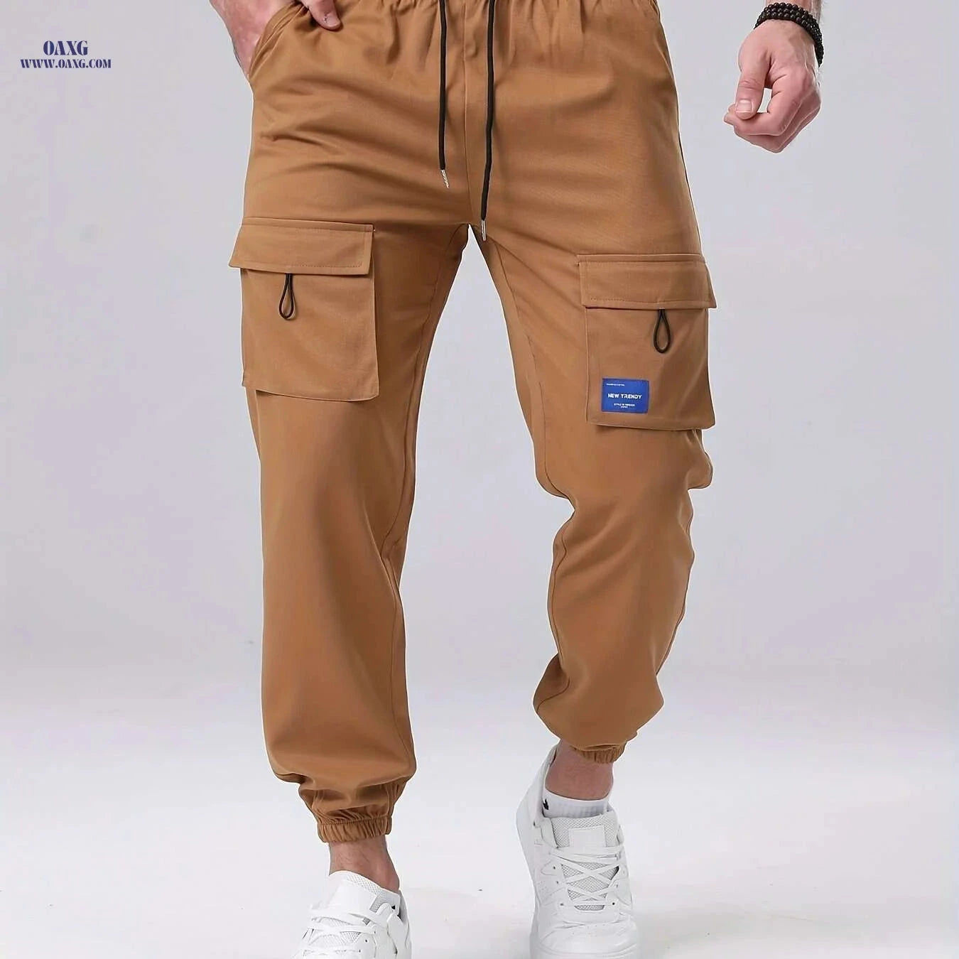 Men's Casual Cargo Pants - Drawstring, Multiple Pockets, Polyester   OAXG 