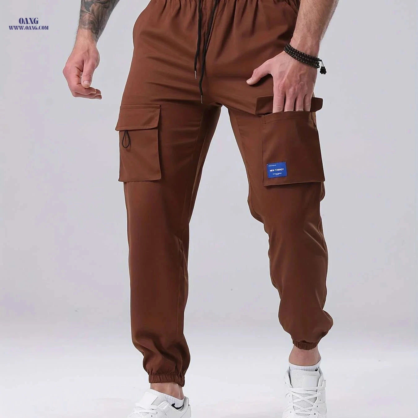 Men's Casual Cargo Pants - Drawstring, Multiple Pockets, Polyester   OAXG 