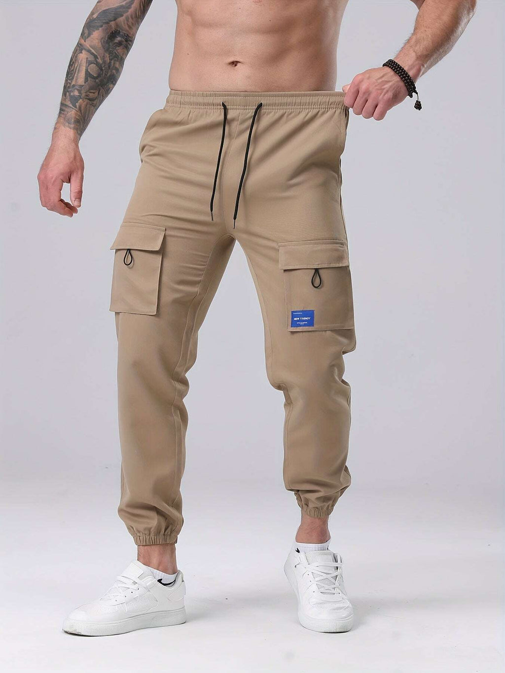 Men's Casual Cargo Pants - Drawstring, Multiple Pockets, Polyester   OAXG 
