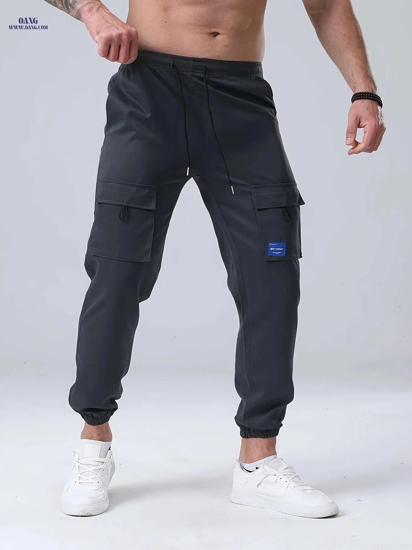 Men's Casual Cargo Pants - Drawstring, Multiple Pockets, Polyester   OAXG 