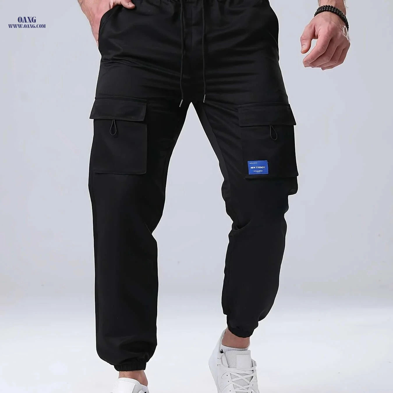 Men's Casual Cargo Pants - Drawstring, Multiple Pockets, Polyester   OAXG Black / S