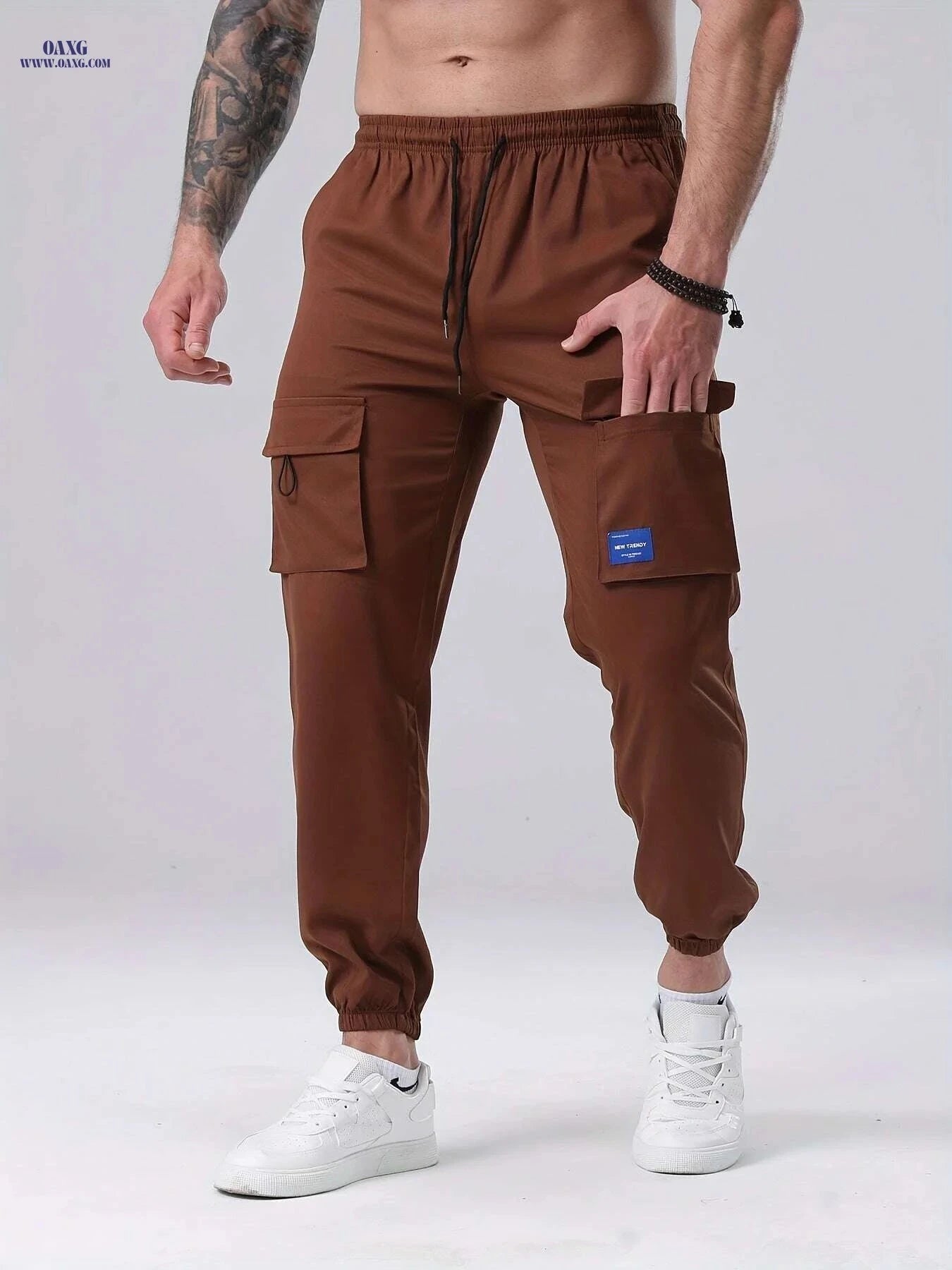 Men's Casual Cargo Pants - Drawstring, Multiple Pockets, Polyester   OAXG Black / S