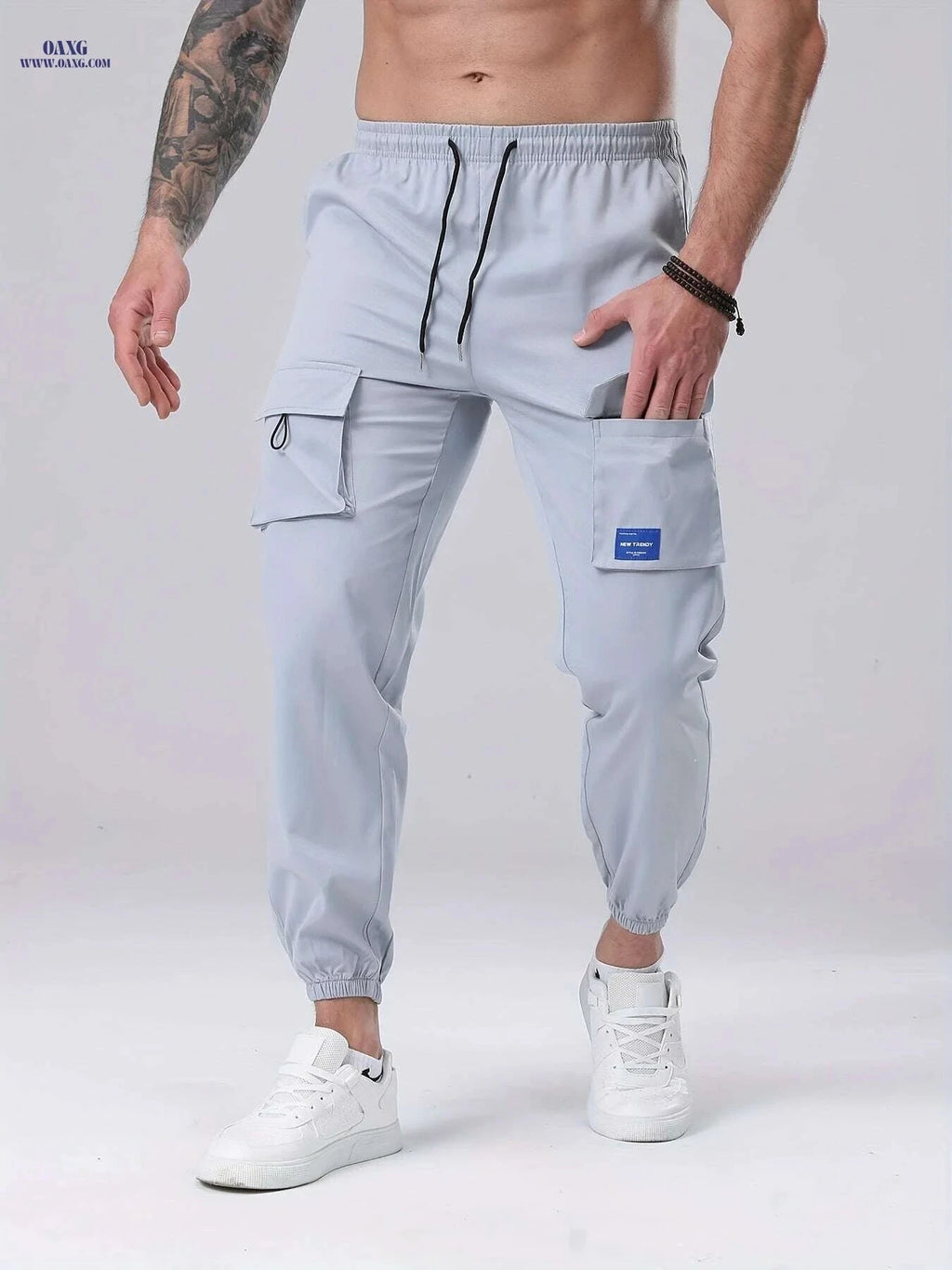 Men's Casual Cargo Pants - Drawstring, Multiple Pockets, Polyester   OAXG Black / S