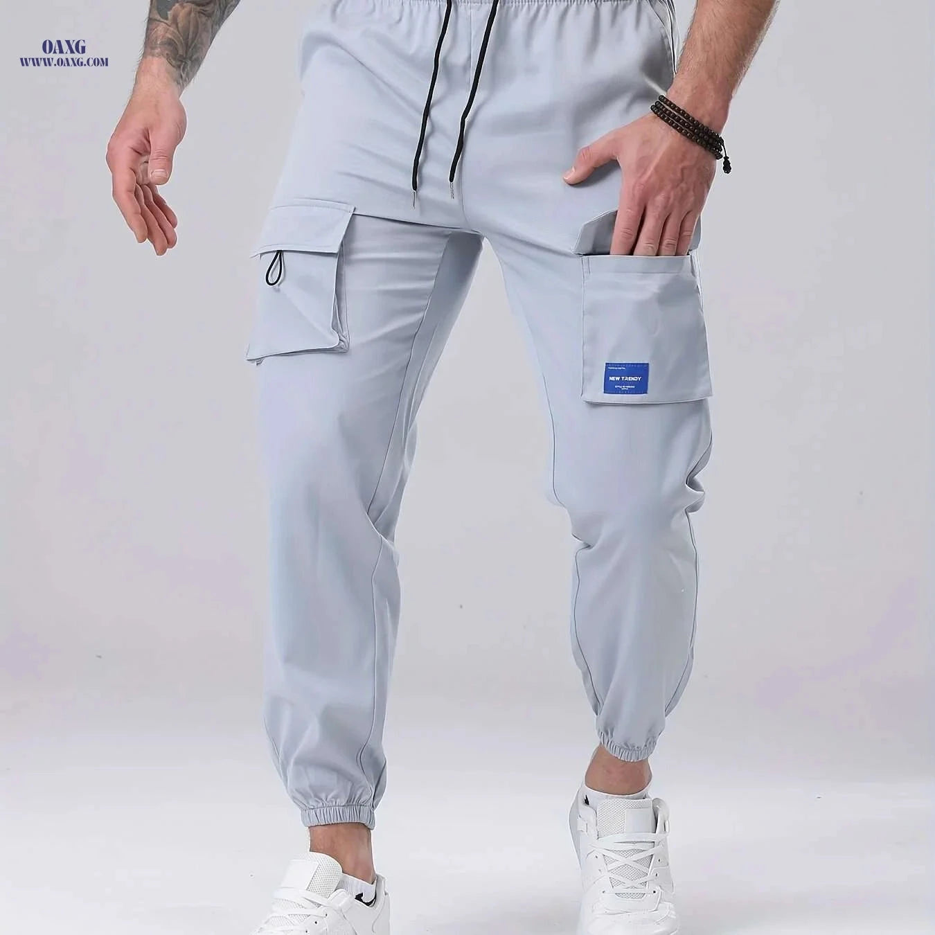 Men's Casual Cargo Pants - Drawstring, Multiple Pockets, Polyester   OAXG Black / S