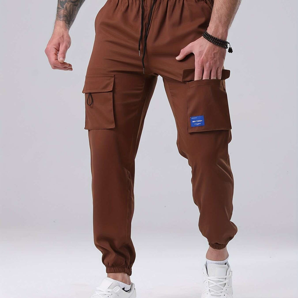 Men's Casual Cargo Pants - Drawstring, Multiple Pockets, Polyester   OAXG 