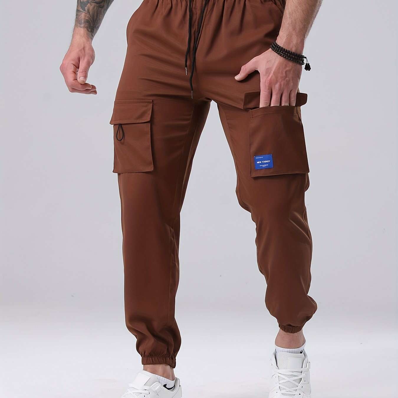 Men's Casual Cargo Pants - Drawstring, Multiple Pockets, Polyester   OAXG 
