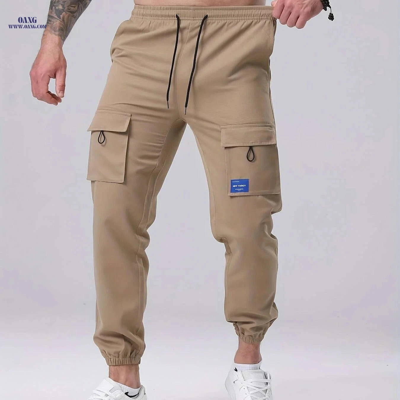 Men's Casual Cargo Pants - Drawstring, Multiple Pockets, Polyester   OAXG 