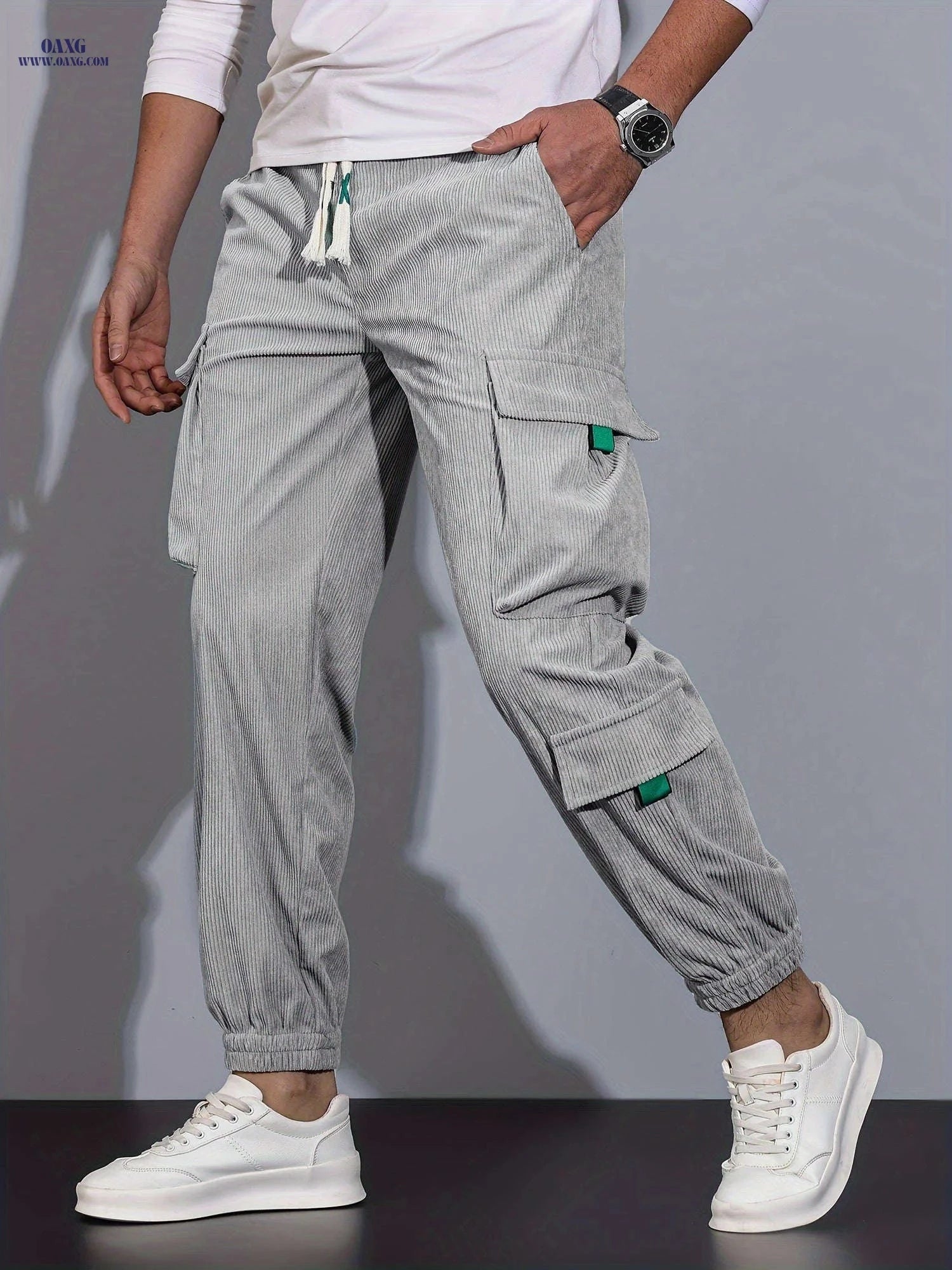 Men's Casual Cargo Pants - Drawstring Waist, All-Season Comfort   OAXG White / FR S