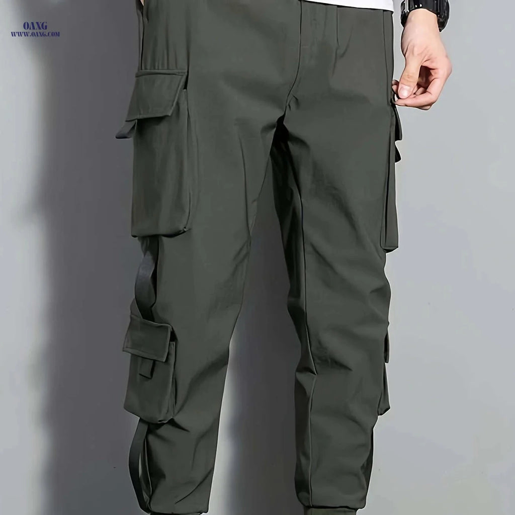 Men's Casual Cargo Pants - Drawstring Waist, Multiple Pockets for Fall   OAXG 