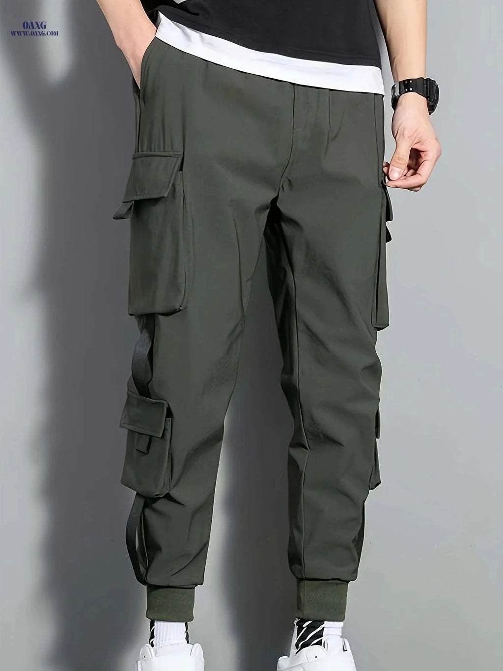Men's Casual Cargo Pants - Drawstring Waist, Multiple Pockets for Fall   OAXG Olive Green / FR XS