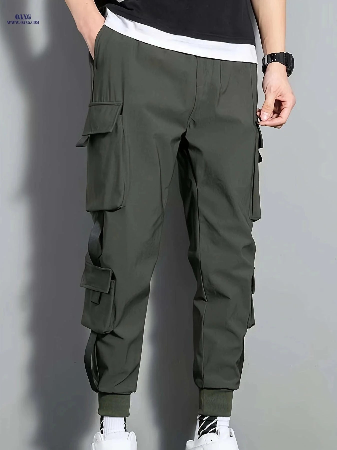Men's Casual Cargo Pants - Drawstring Waist, Multiple Pockets for Fall   OAXG Olive Green / FR XS