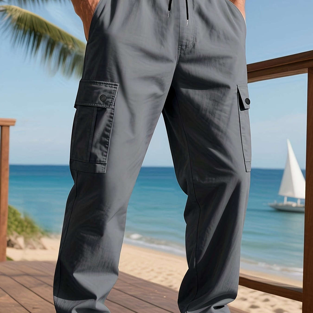 Men's Casual Cargo Pants - Drawstring Waist with Multiple Pockets   OAXG 