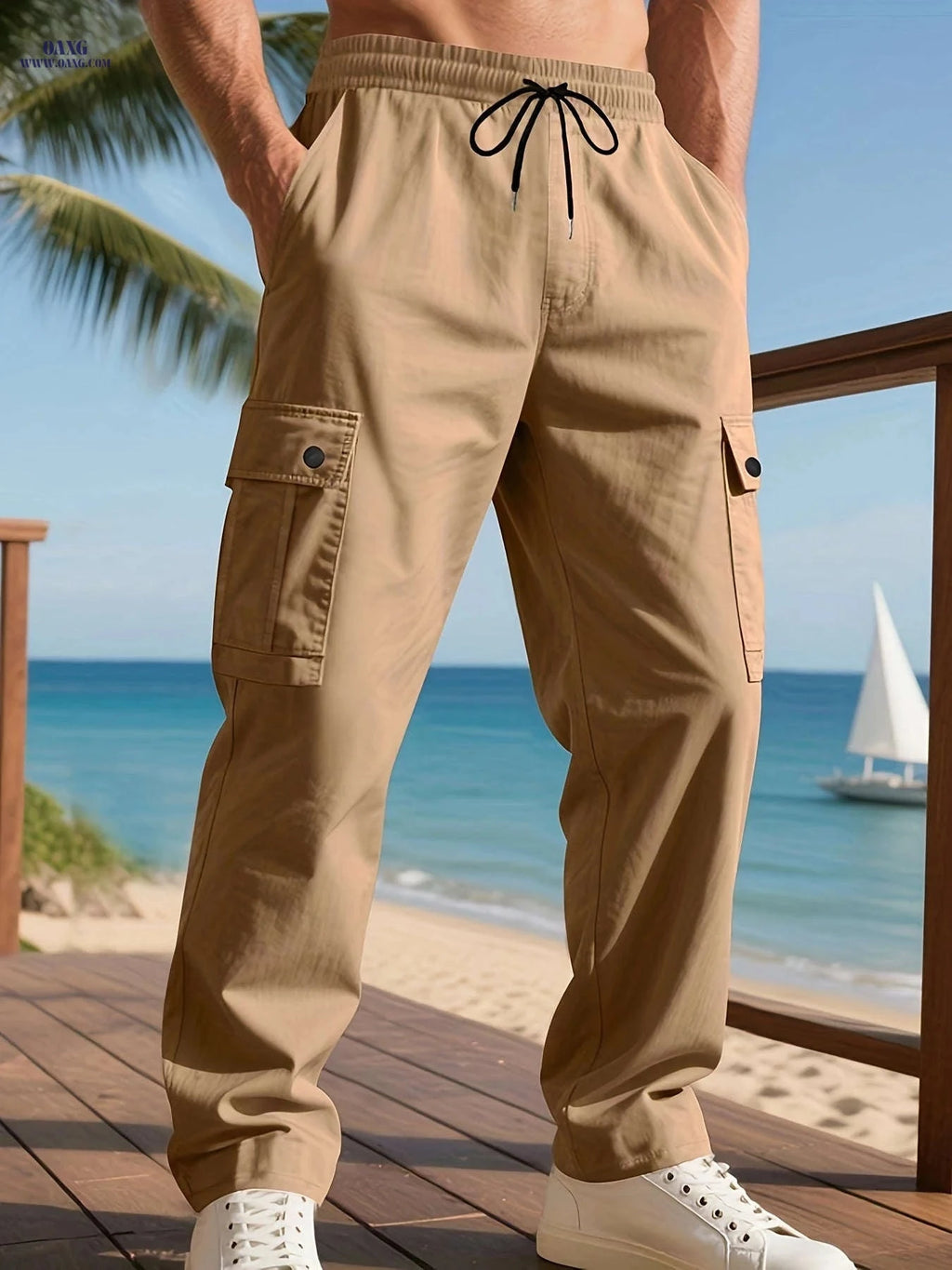 Men's Casual Cargo Pants - Drawstring Waist with Multiple Pockets   OAXG Navy Color / FR XS