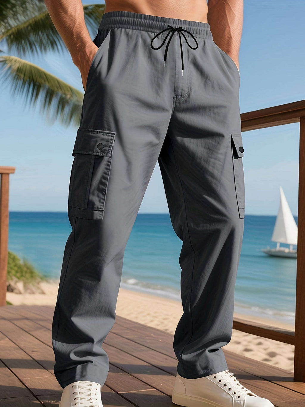 Men's Casual Cargo Pants - Drawstring Waist with Multiple Pockets   OAXG Navy Color / FR XS