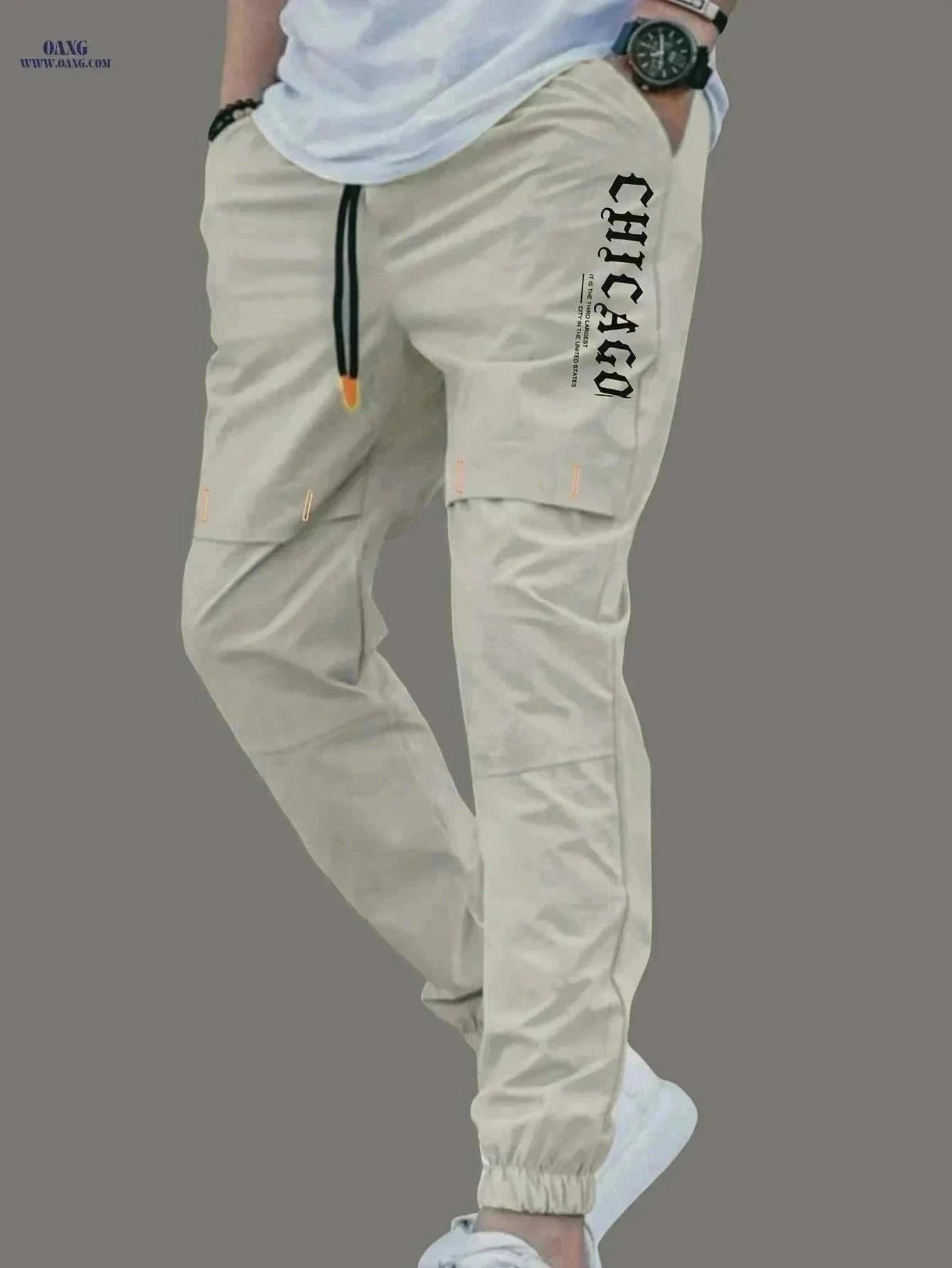 Men's Casual Cargo Pants - Light Drawstring Waist, Multiple Pockets   OAXG Khaki / S