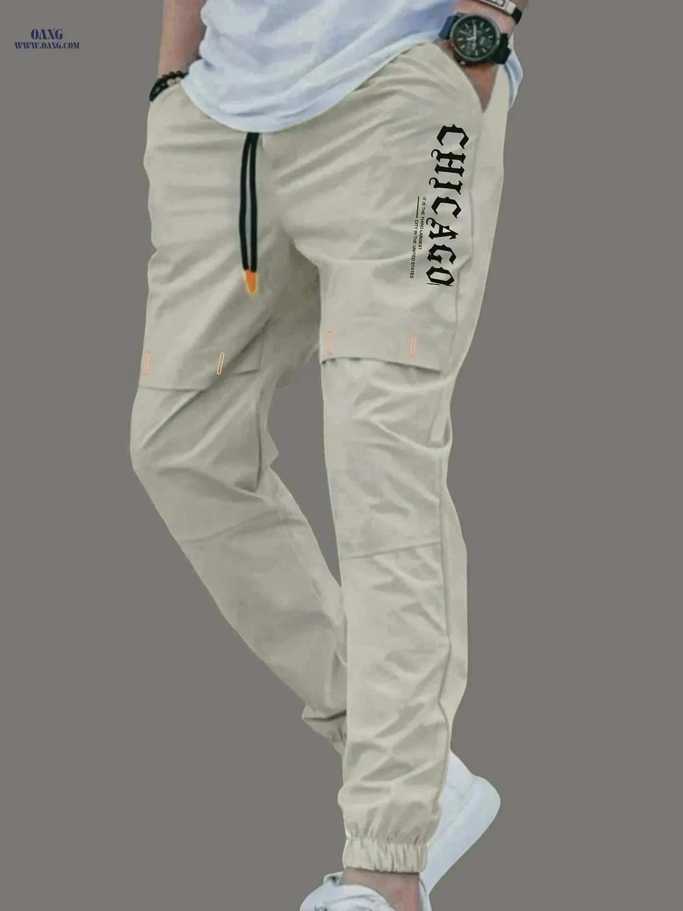 Men's Casual Cargo Pants - Light Drawstring Waist, Multiple Pockets   OAXG Khaki / S