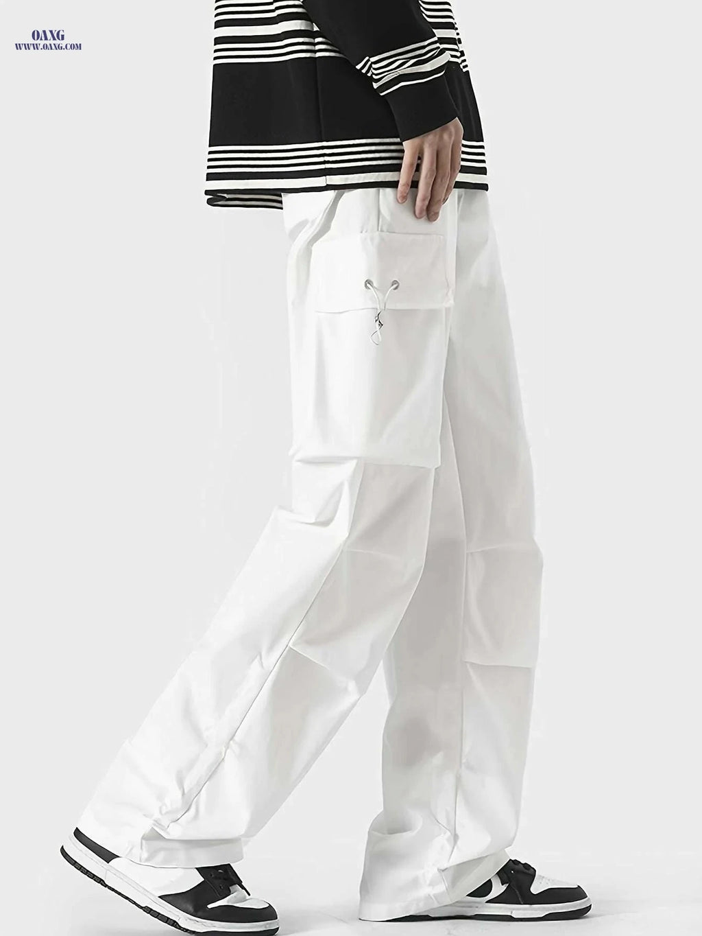 Men’s Casual Cargo Pants - Loose Fit, Solid Color, All-Season   OAXG White / XS