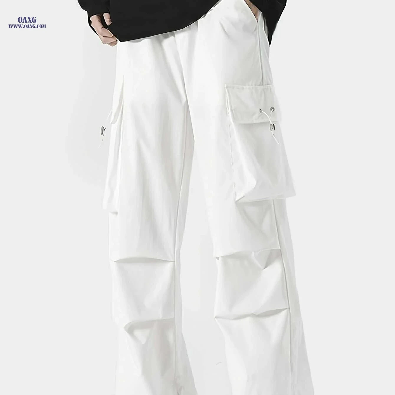 Men’s Casual Cargo Pants - Loose Fit, Solid Color, All-Season   OAXG White / XS