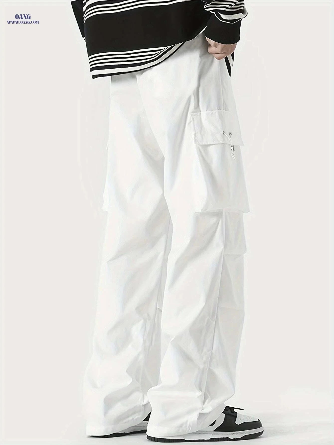 Men’s Casual Cargo Pants - Loose Fit, Solid Color, All-Season   OAXG White / XS