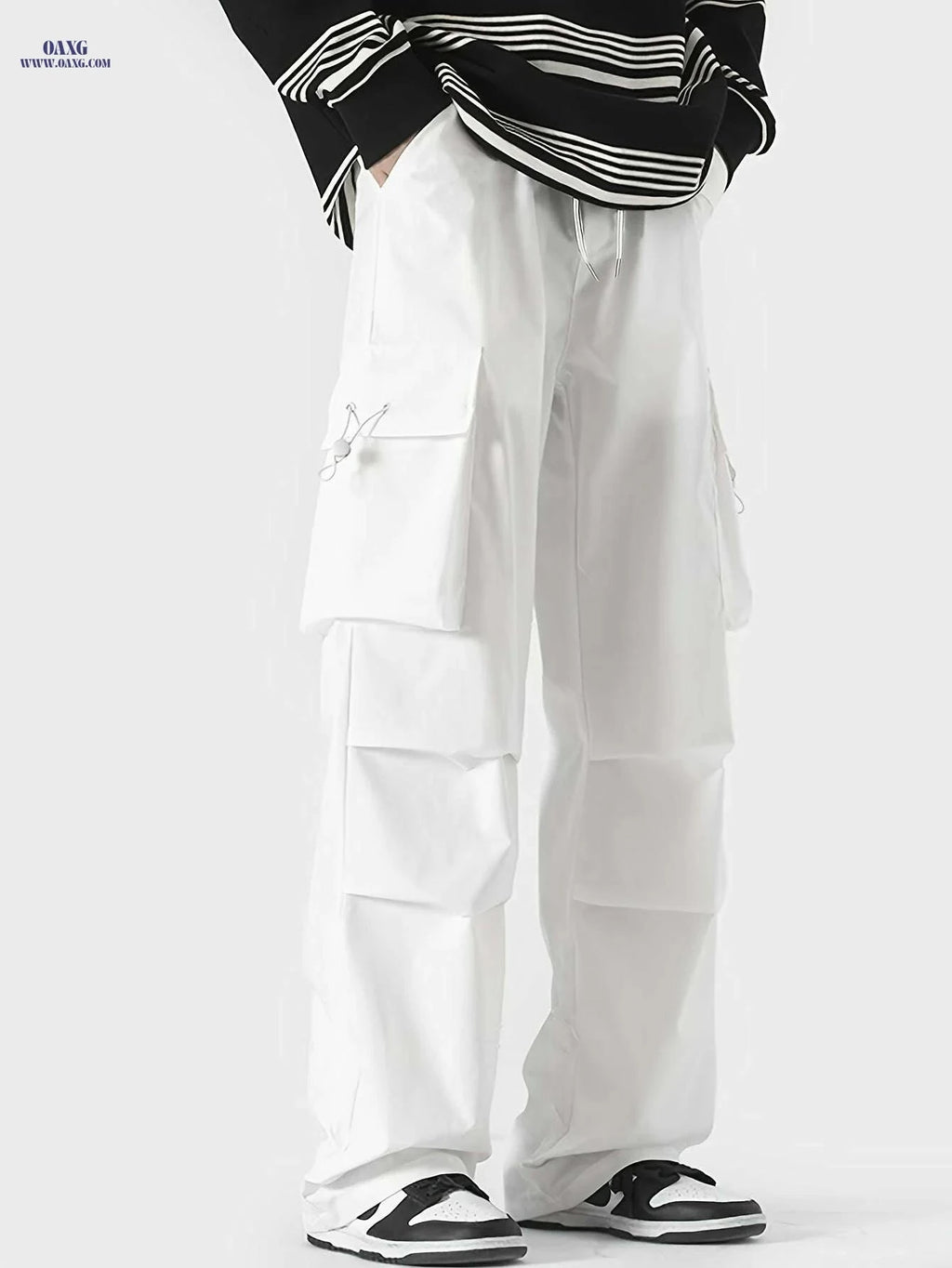 Men’s Casual Cargo Pants - Loose Fit, Solid Color, All-Season   OAXG White / XS