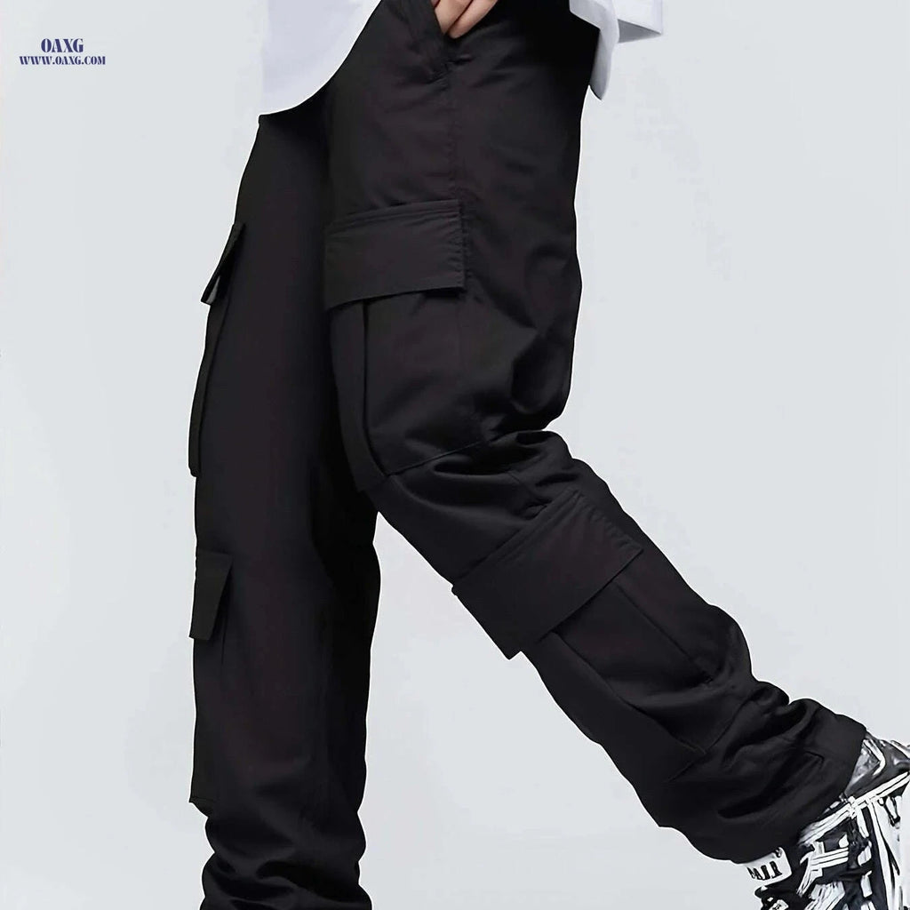 Men's Casual Cargo Pants - Loose Fit with Drawstring Waist, Solid Color   OAXG Black / US XXS