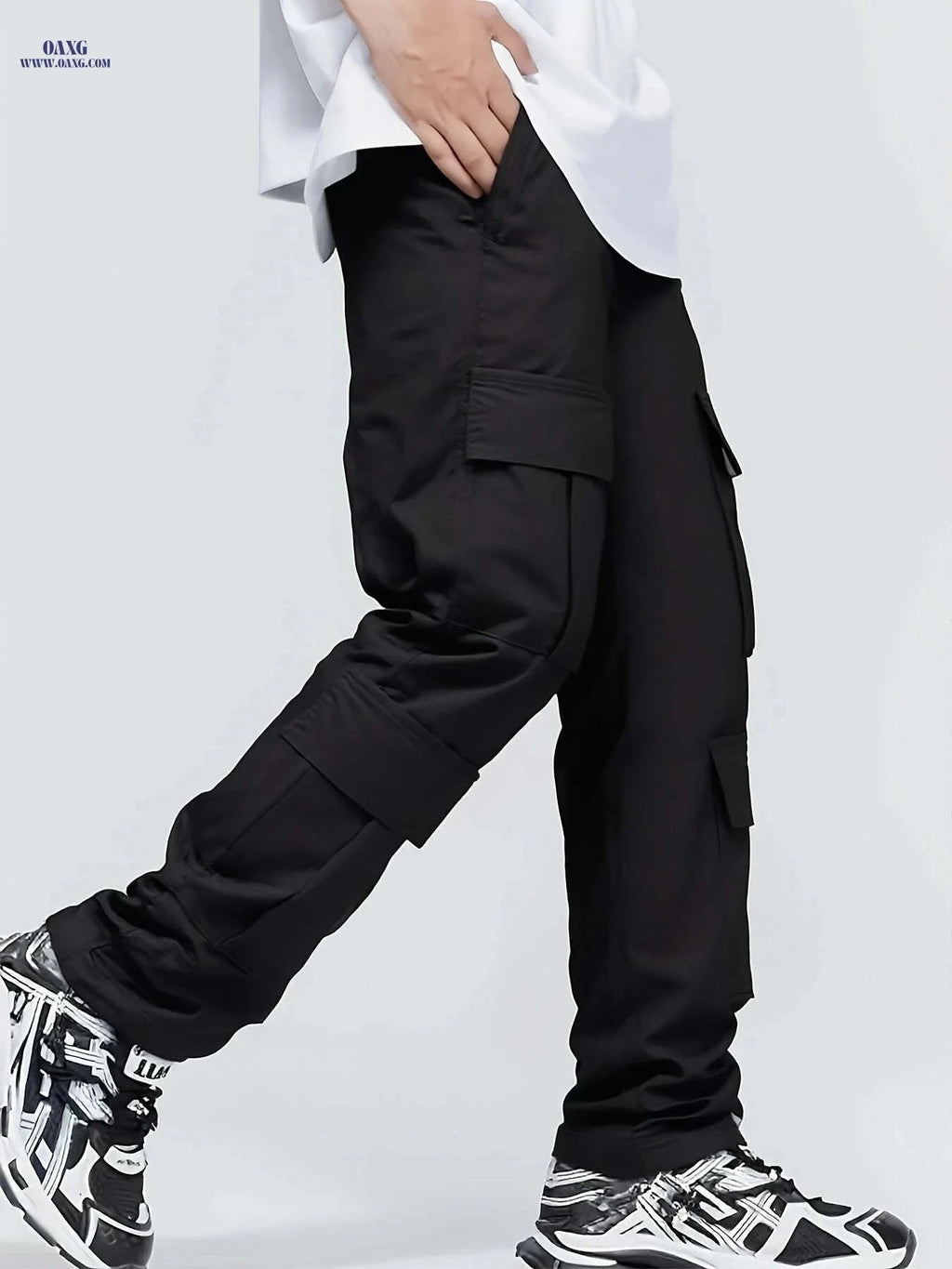 Men's Casual Cargo Pants - Loose Fit with Drawstring Waist, Solid Color   OAXG Black / US XXS