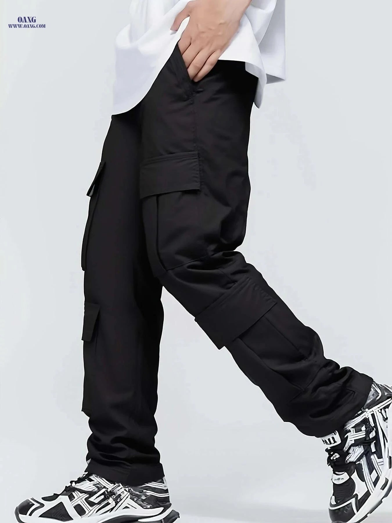 Men's Casual Cargo Pants - Loose Fit with Drawstring Waist, Solid Color   OAXG Black / US XXS