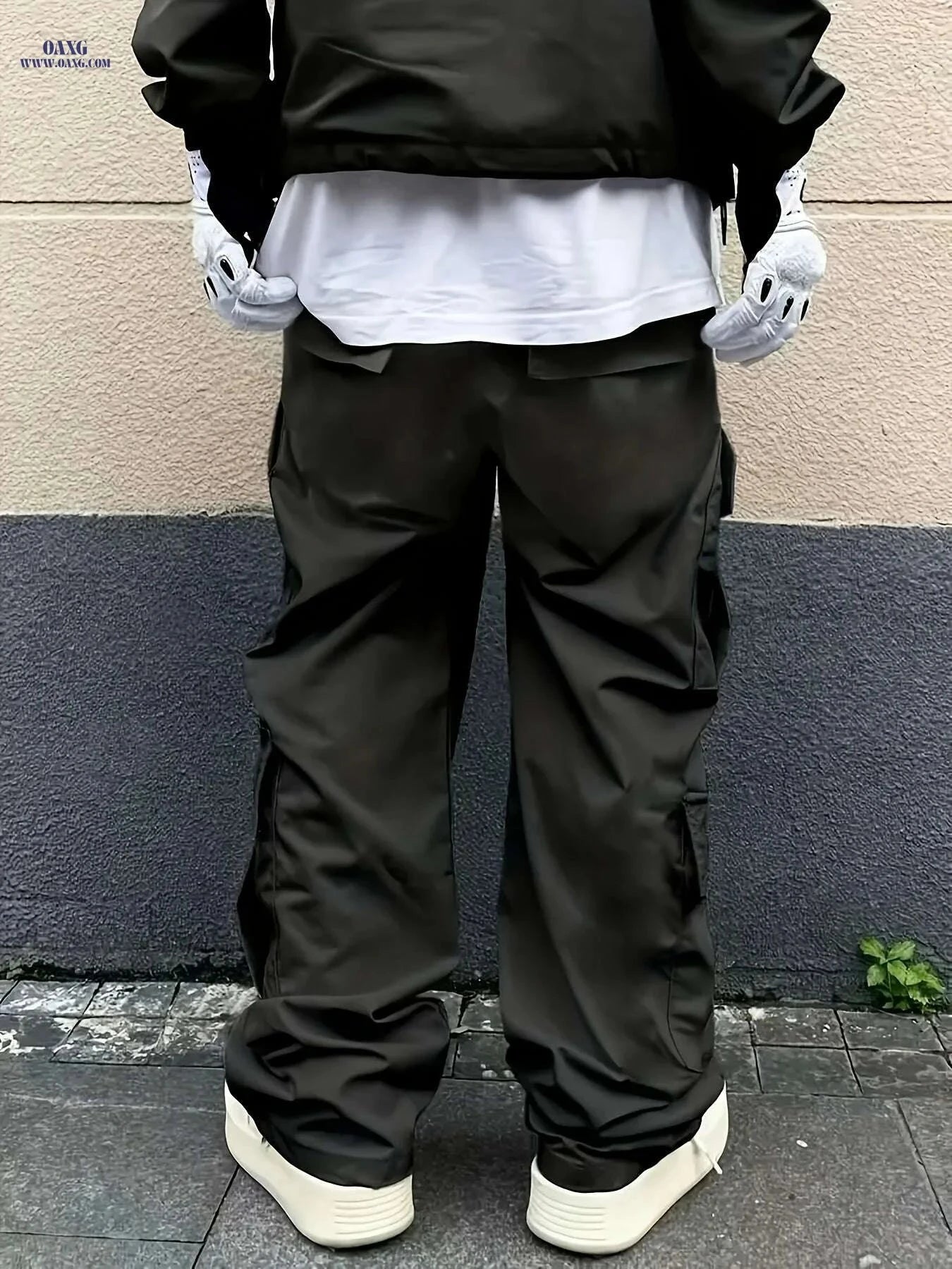 Men's Casual Cargo Pants - Loose Fit with Drawstring Waist, Solid Color   OAXG 