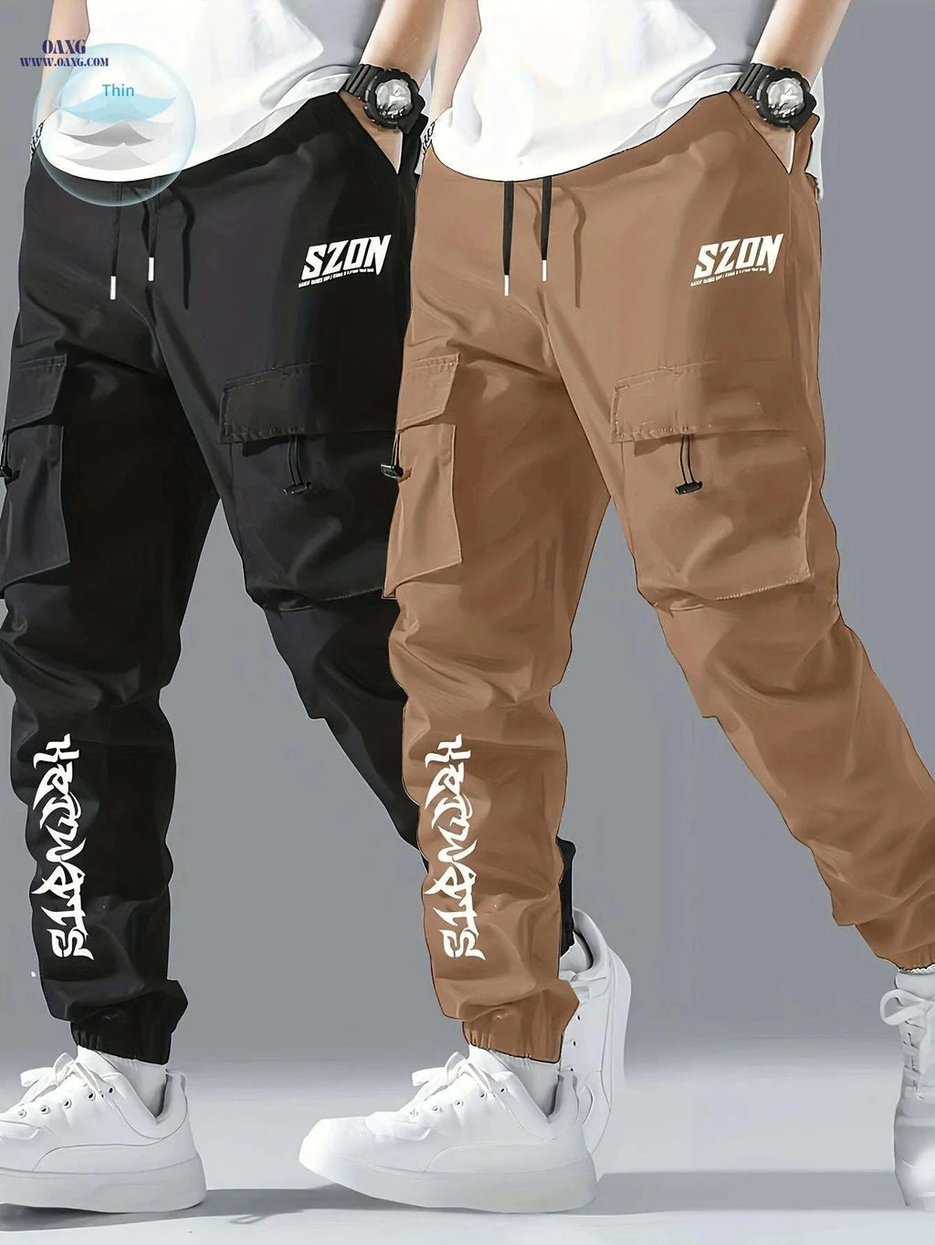 Men's Casual Cargo Pants - Multi-Pocket, Drawstring, All-Season Wear   OAXG Black / S