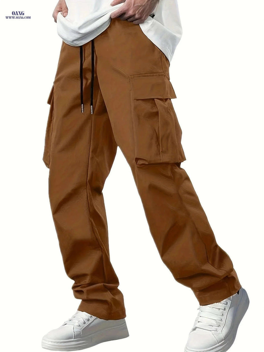 Men’s Casual Cargo Pants - Navy Blue, Straight Leg, Drawstring Waist   OAXG 