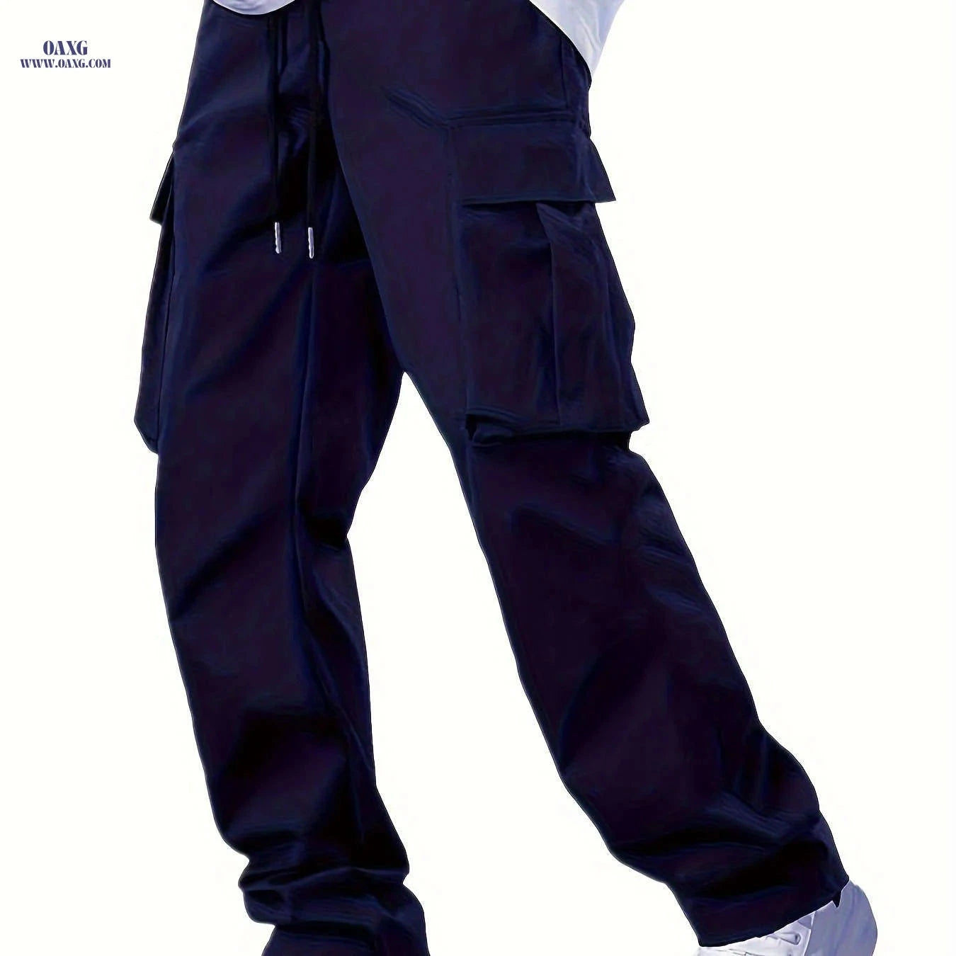 Men’s Casual Cargo Pants - Navy Blue, Straight Leg, Drawstring Waist   OAXG 