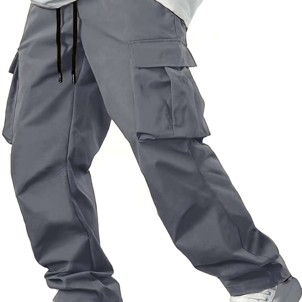Men’s Casual Cargo Pants - Navy Blue, Straight Leg, Drawstring Waist   OAXG 
