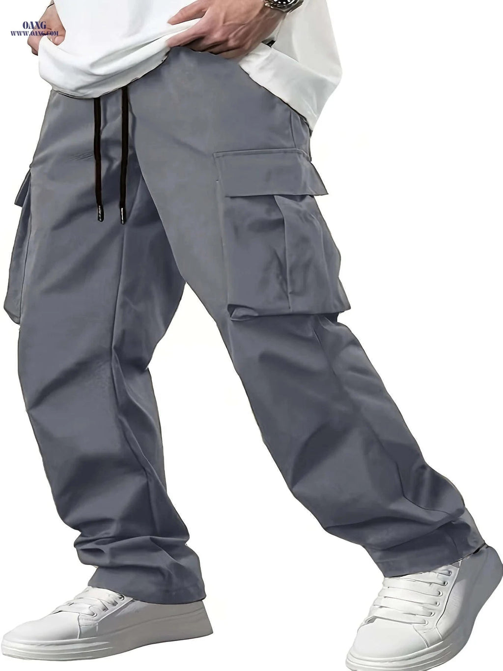Men’s Casual Cargo Pants - Navy Blue, Straight Leg, Drawstring Waist   OAXG Khaki / FR XL