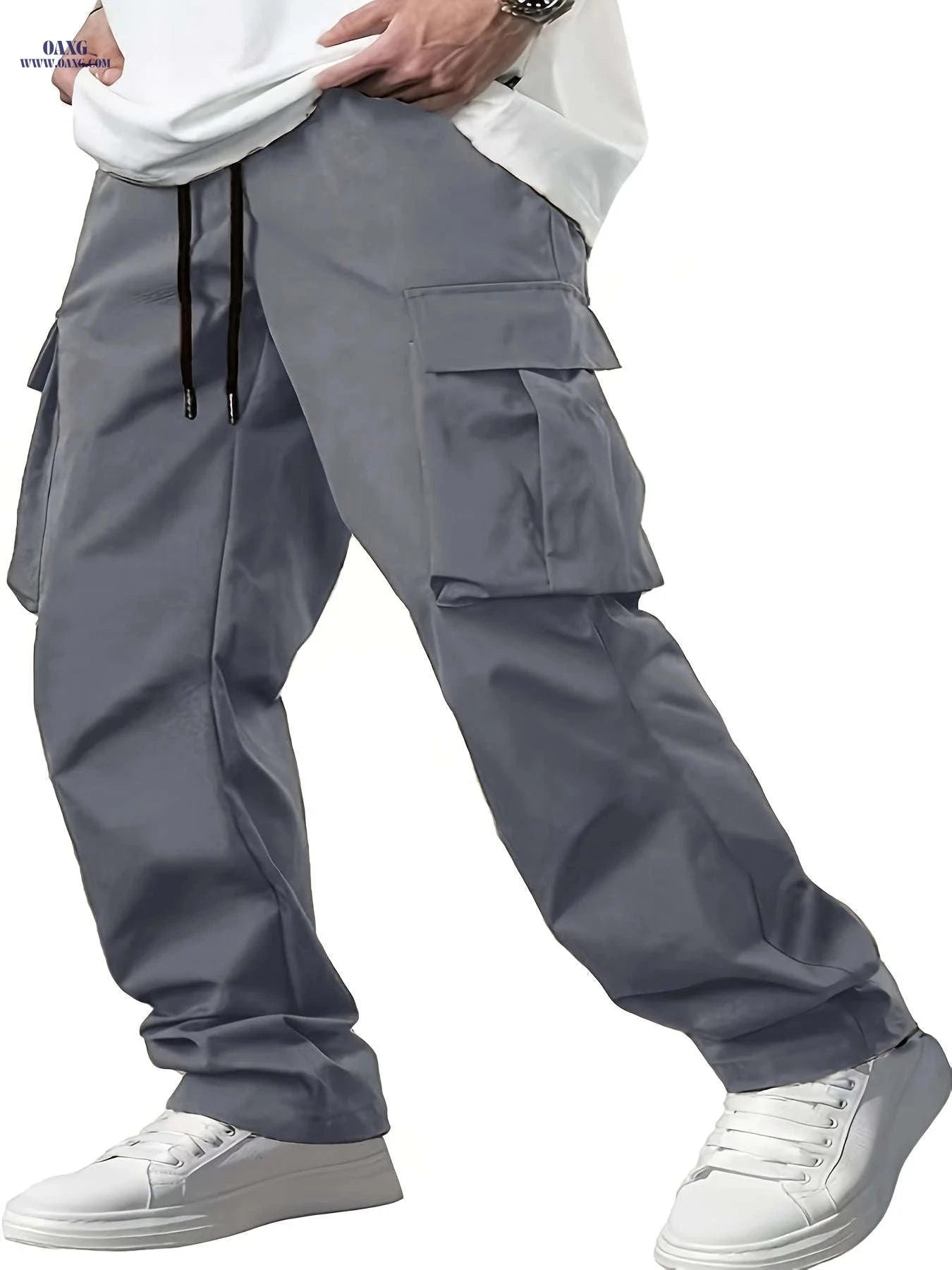 Men’s Casual Cargo Pants - Navy Blue, Straight Leg, Drawstring Waist   OAXG Khaki / FR XL