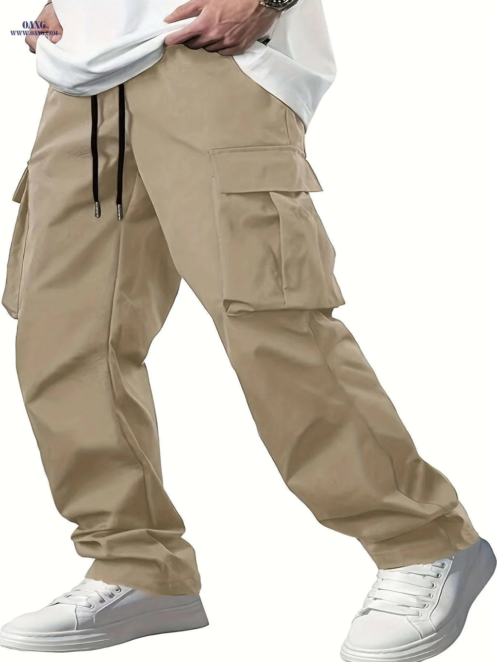 Men’s Casual Cargo Pants - Navy Blue, Straight Leg, Drawstring Waist   OAXG Khaki / FR XL