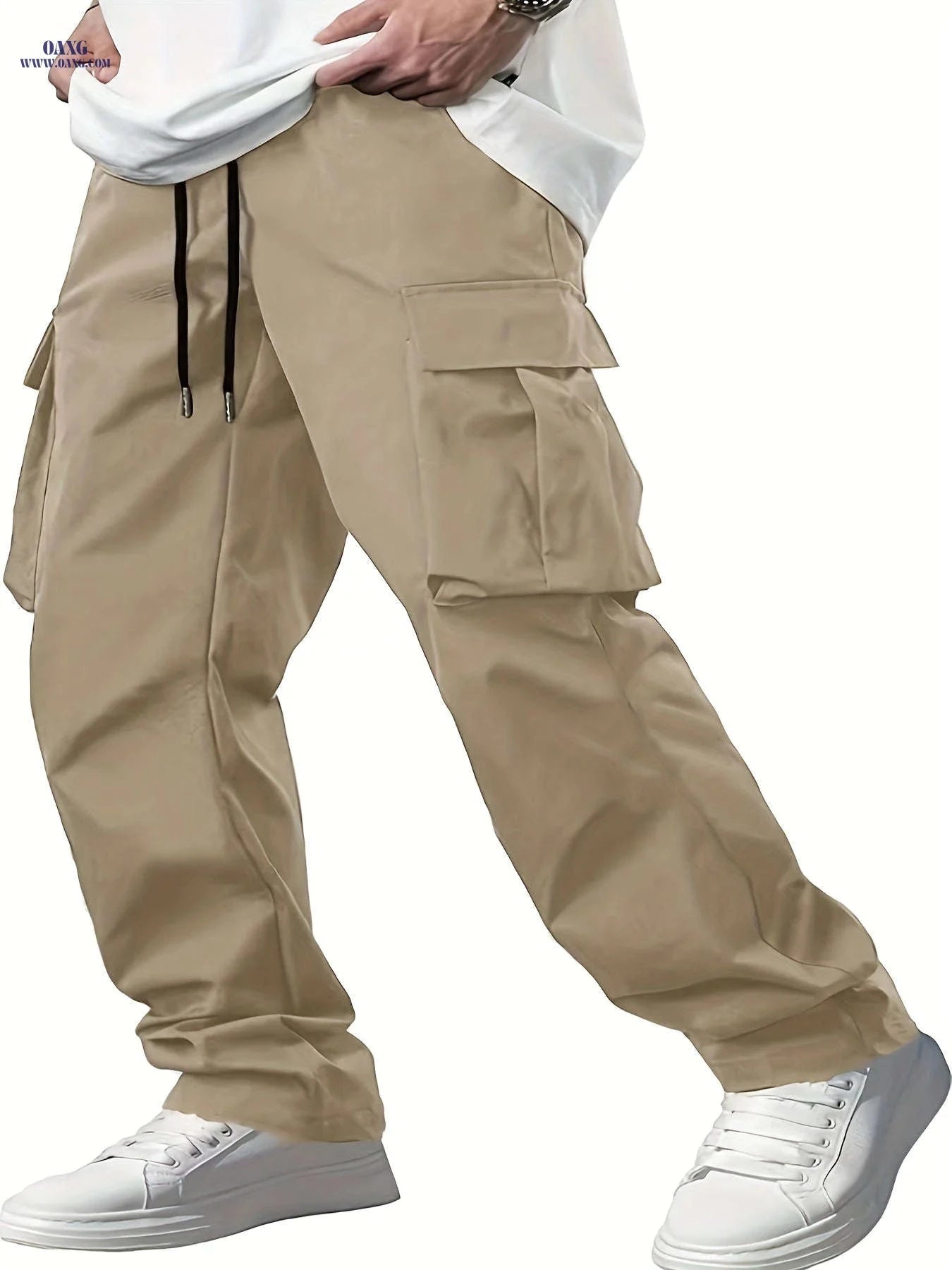Men’s Casual Cargo Pants - Navy Blue, Straight Leg, Drawstring Waist   OAXG Khaki / FR XL