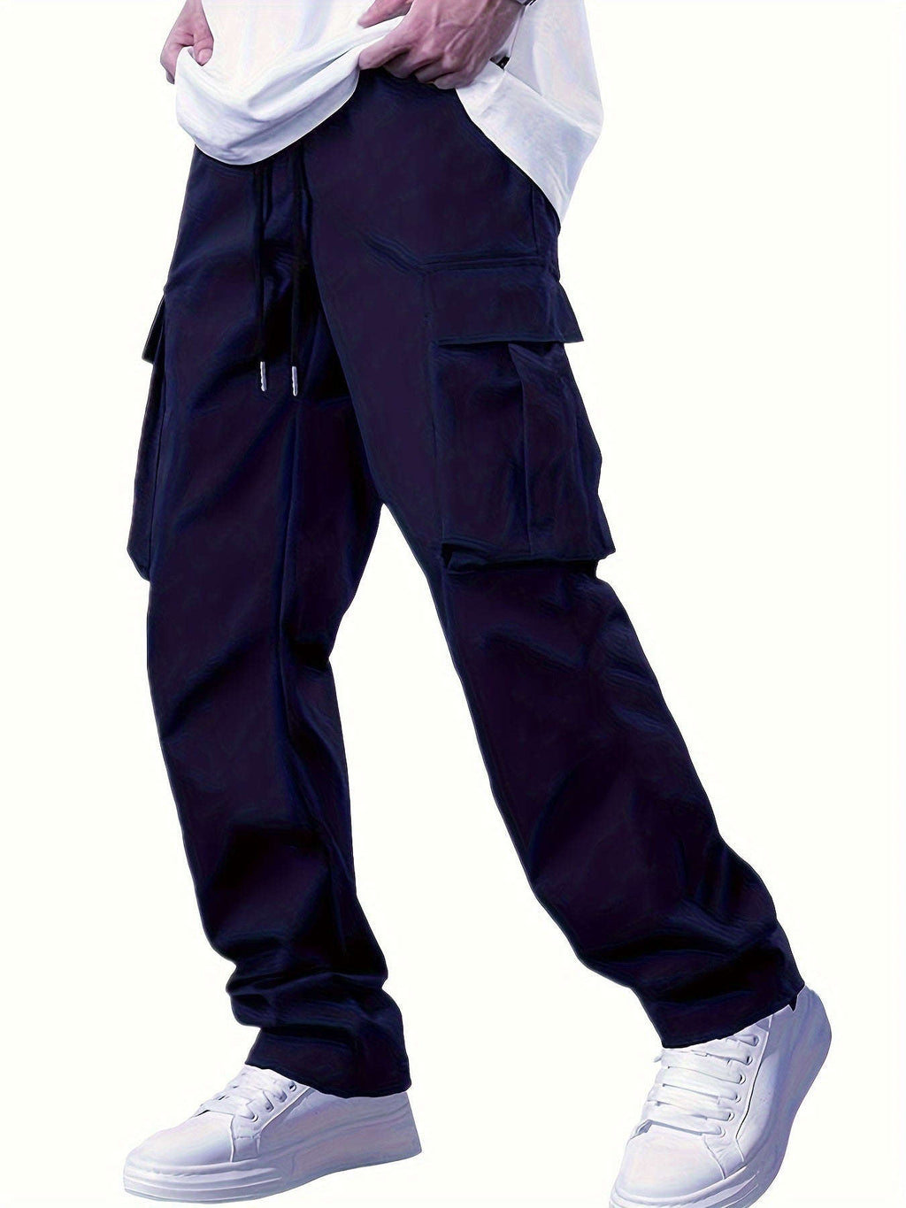 Men’s Casual Cargo Pants - Navy Blue, Straight Leg, Drawstring Waist   OAXG 