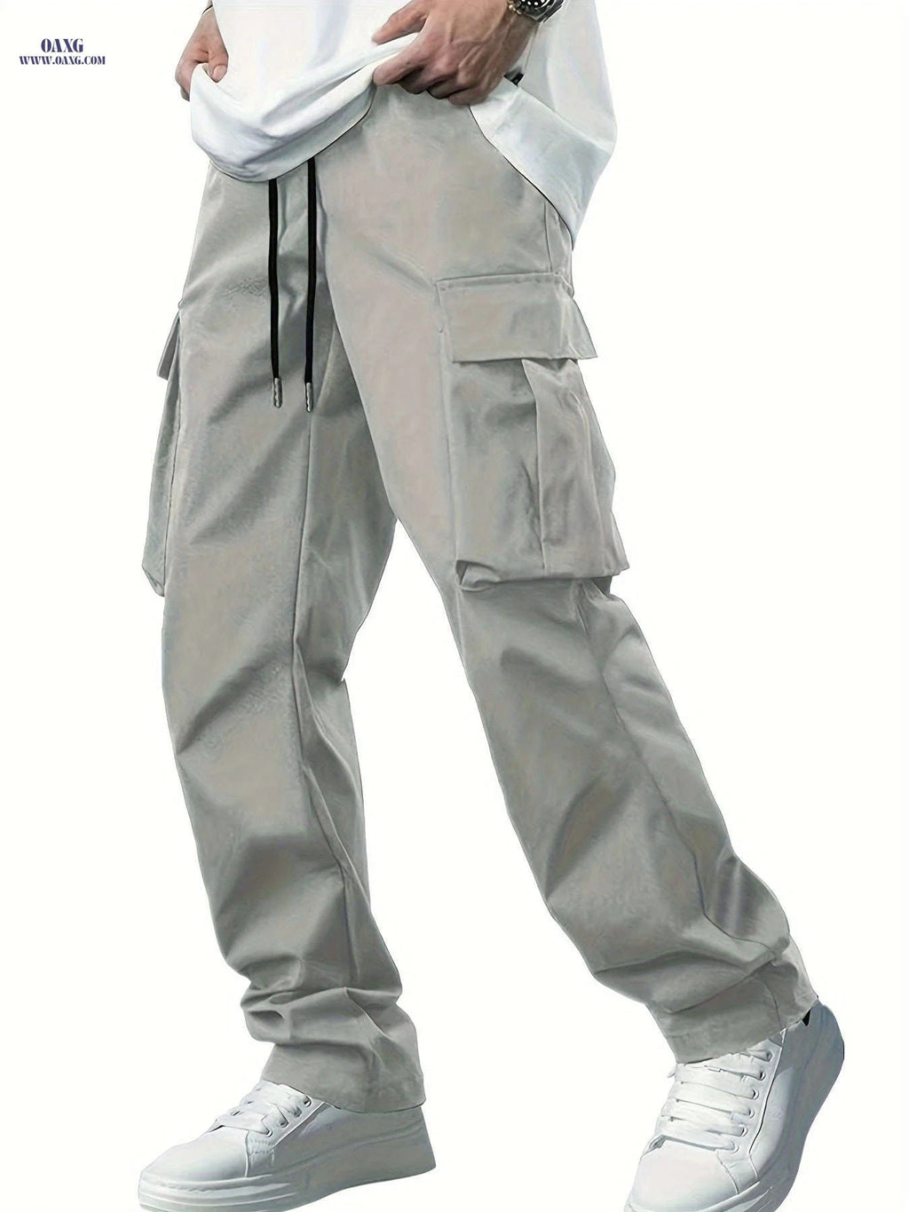 Men’s Casual Cargo Pants - Navy Blue, Straight Leg, Drawstring Waist   OAXG 