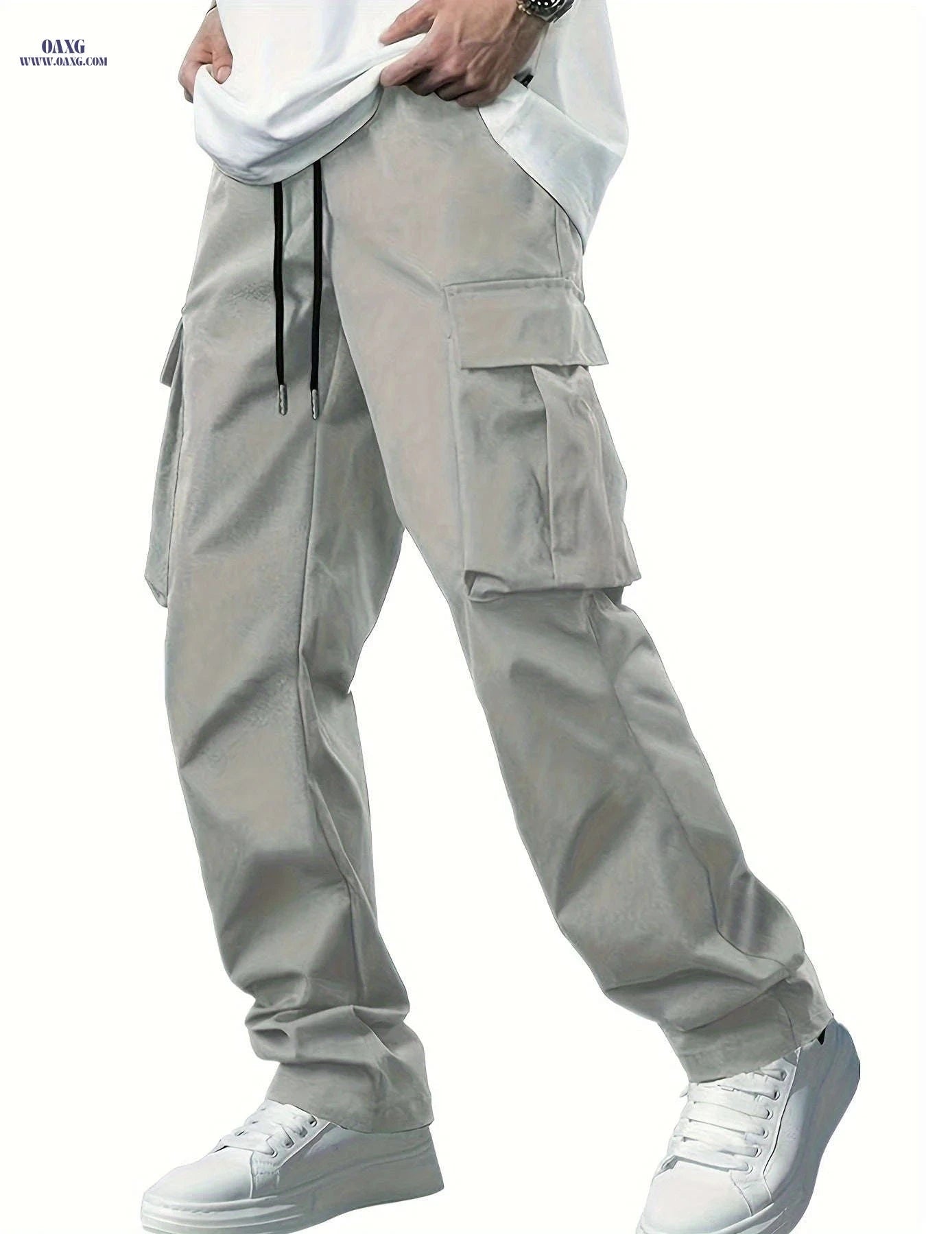 Men’s Casual Cargo Pants - Navy Blue, Straight Leg, Drawstring Waist   OAXG 