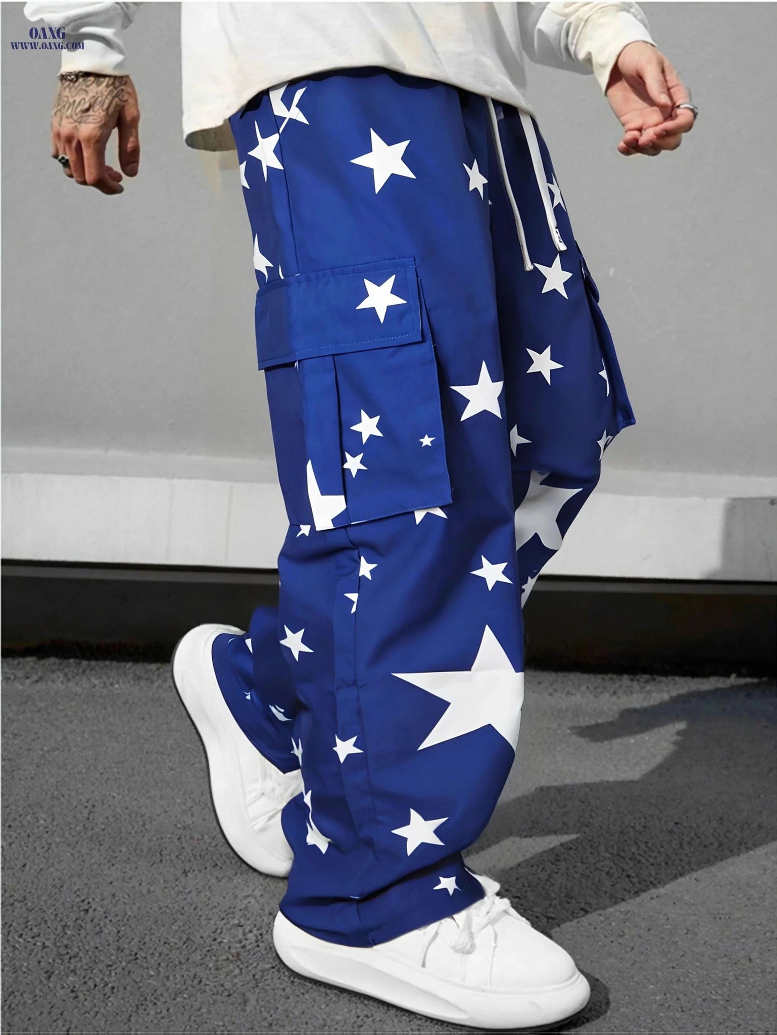 Men's Casual Cargo Pants - Navy Star Print, Utility Pockets, Comfy Fit   OAXG 