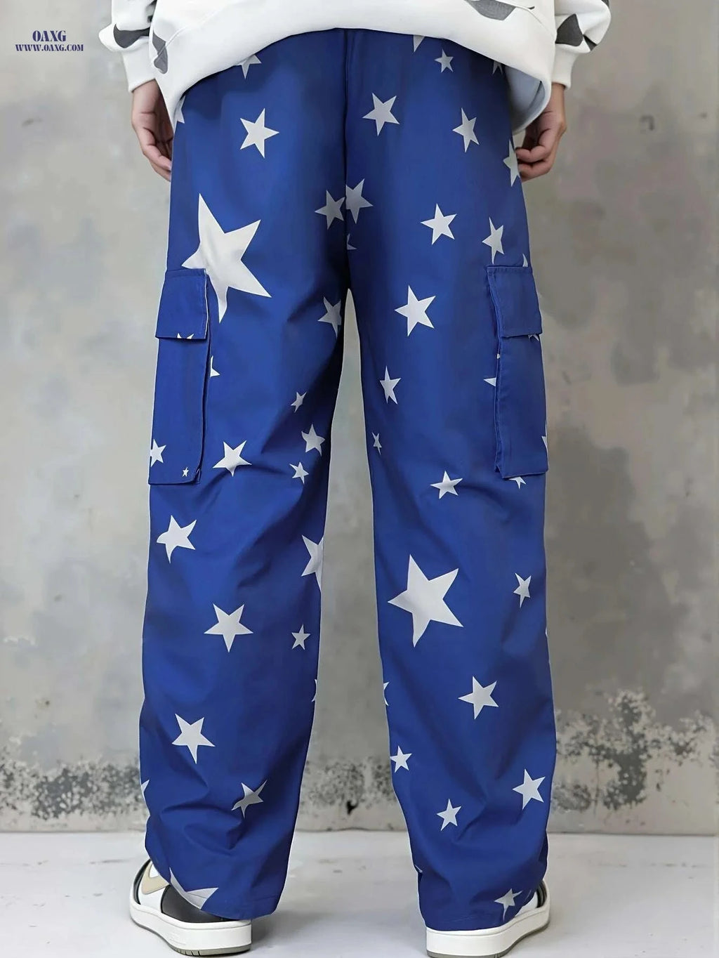 Men's Casual Cargo Pants - Navy Star Print, Utility Pockets, Comfy Fit   OAXG Blue / S