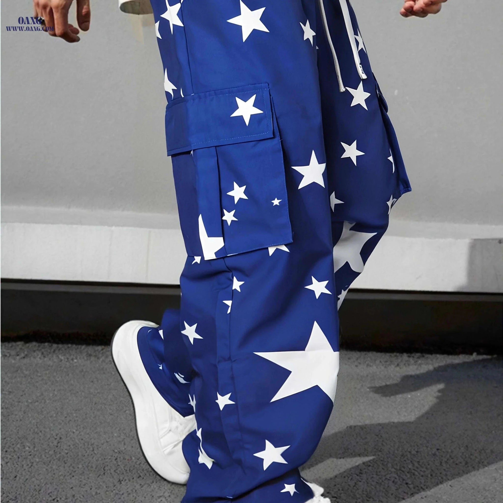 Men's Casual Cargo Pants - Navy Star Print, Utility Pockets, Comfy Fit   OAXG Blue / S