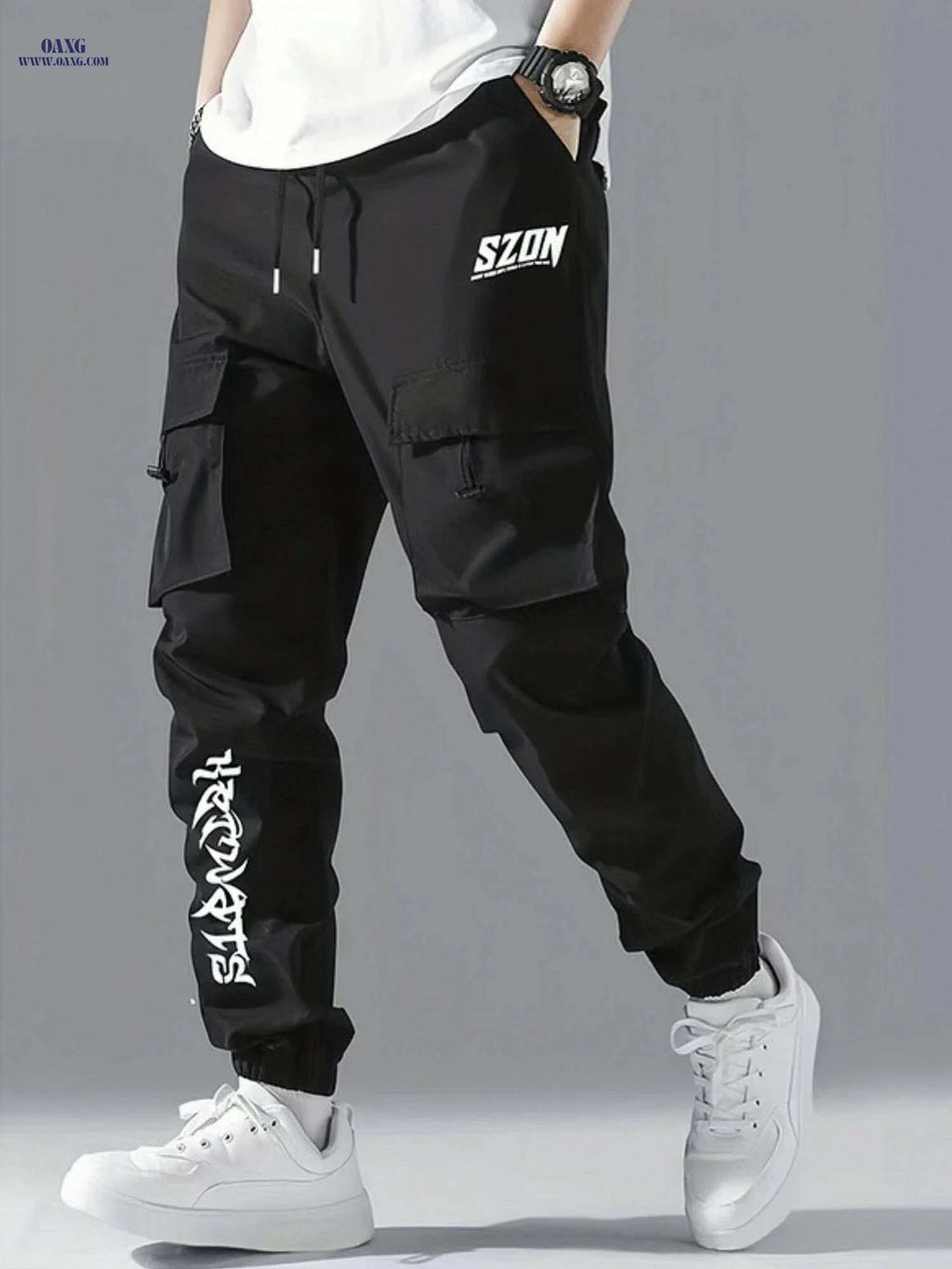 Men's Casual Cargo Pants - Regular Fit, Drawstring, Multiple Pockets   OAXG Black / S