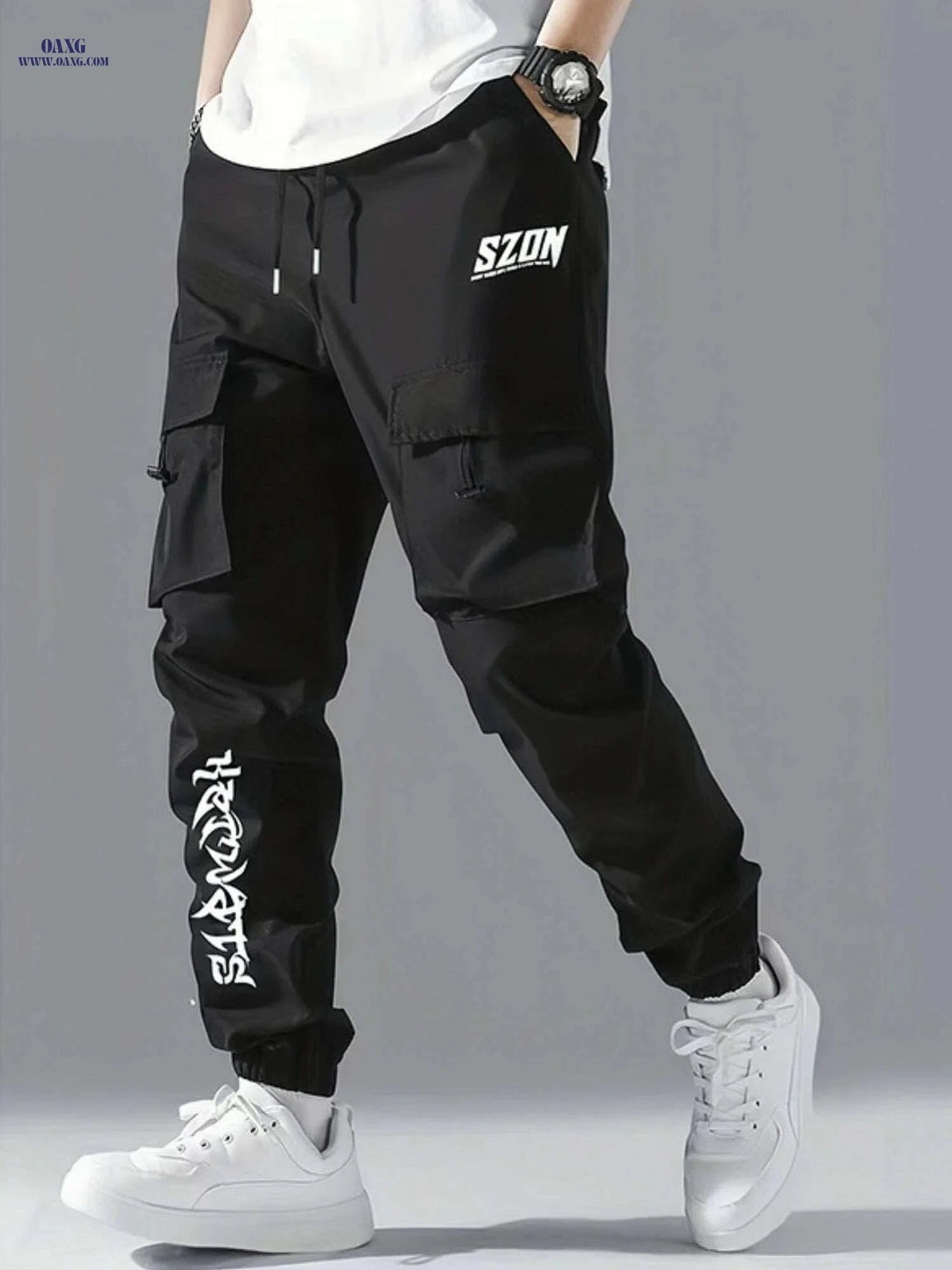 Men's Casual Cargo Pants - Regular Fit, Drawstring, Multiple Pockets   OAXG Black / S