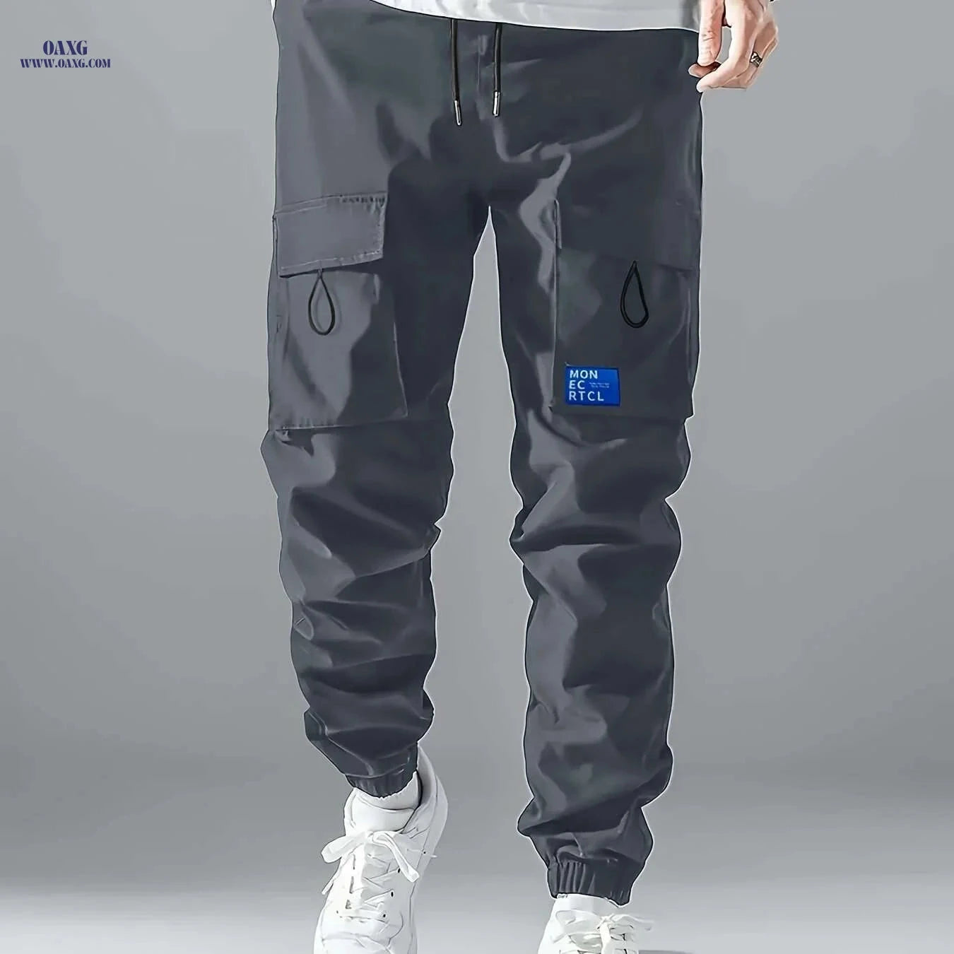 Men's Casual Cargo Pants - Sleek Black, Drawstring Waist, Multi-Pocket   OAXG 