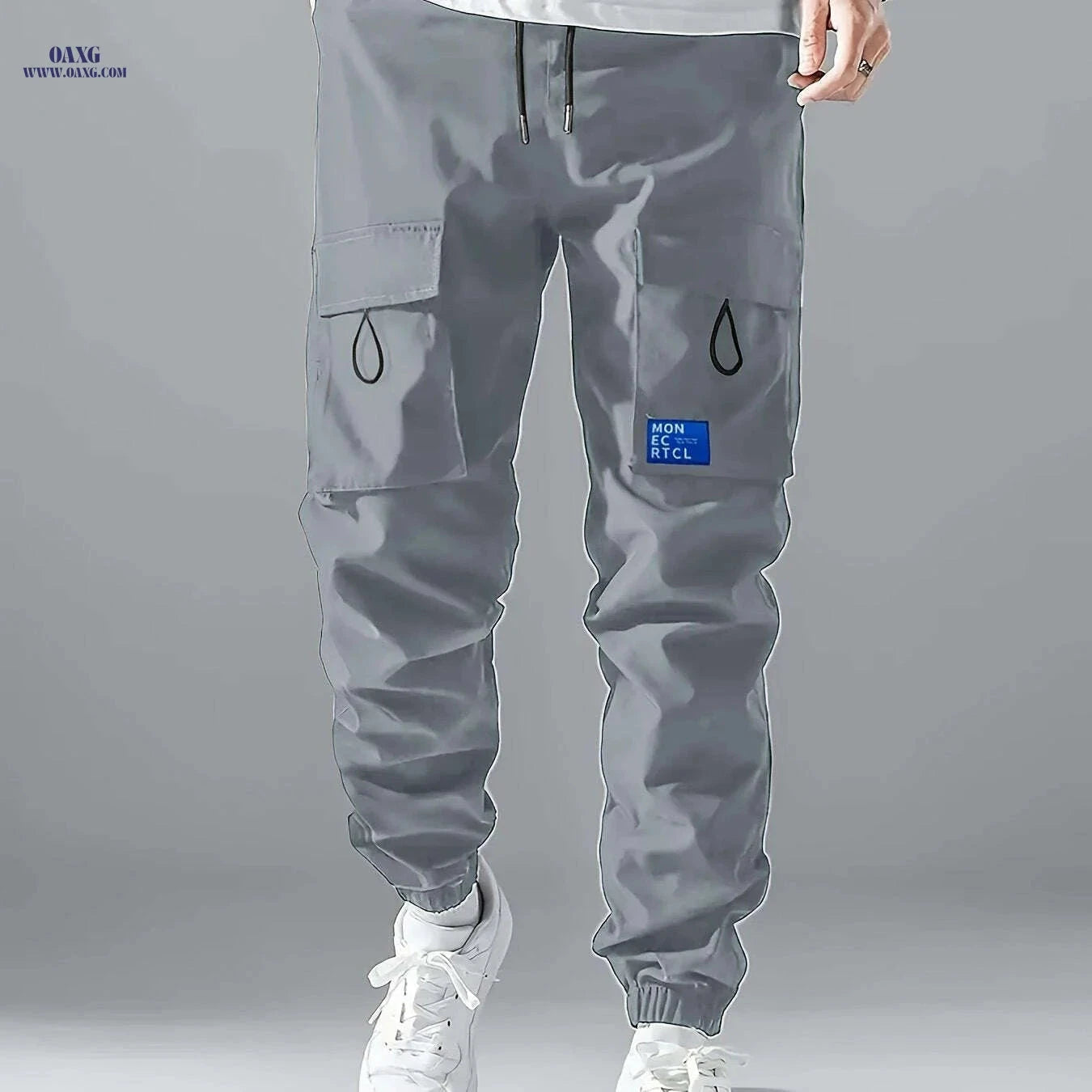 Men's Casual Cargo Pants - Sleek Black, Drawstring Waist, Multi-Pocket   OAXG 